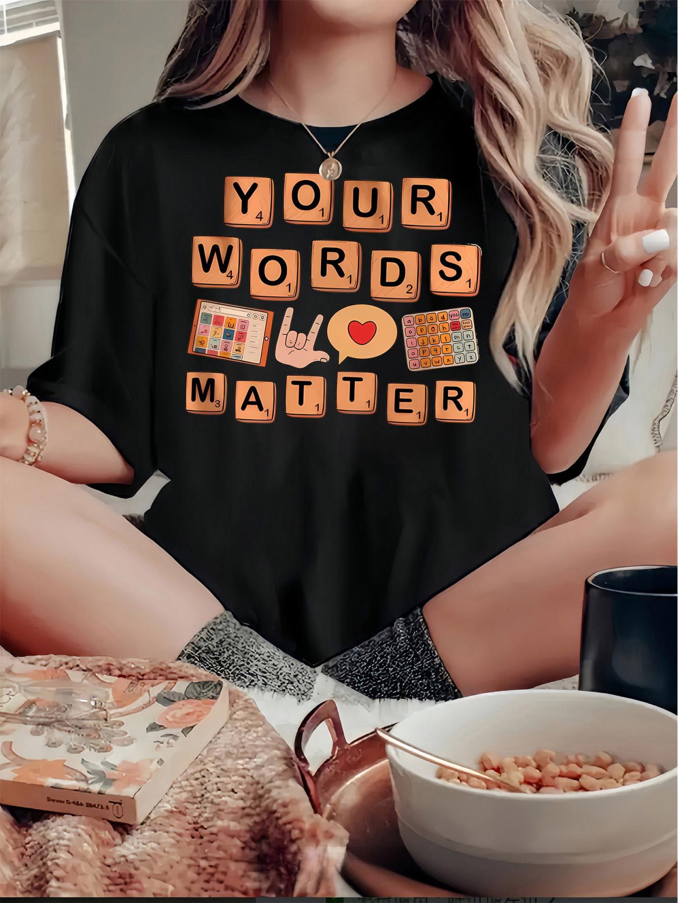 thumbnail image 1 of 1pc Women'S Casual Crew Neck T-Shirt with "Your Words Matter" Geometric Print, Polyester Knit Fabric, Medium Stretch, All-Season Comfort Fit, 1 of 8