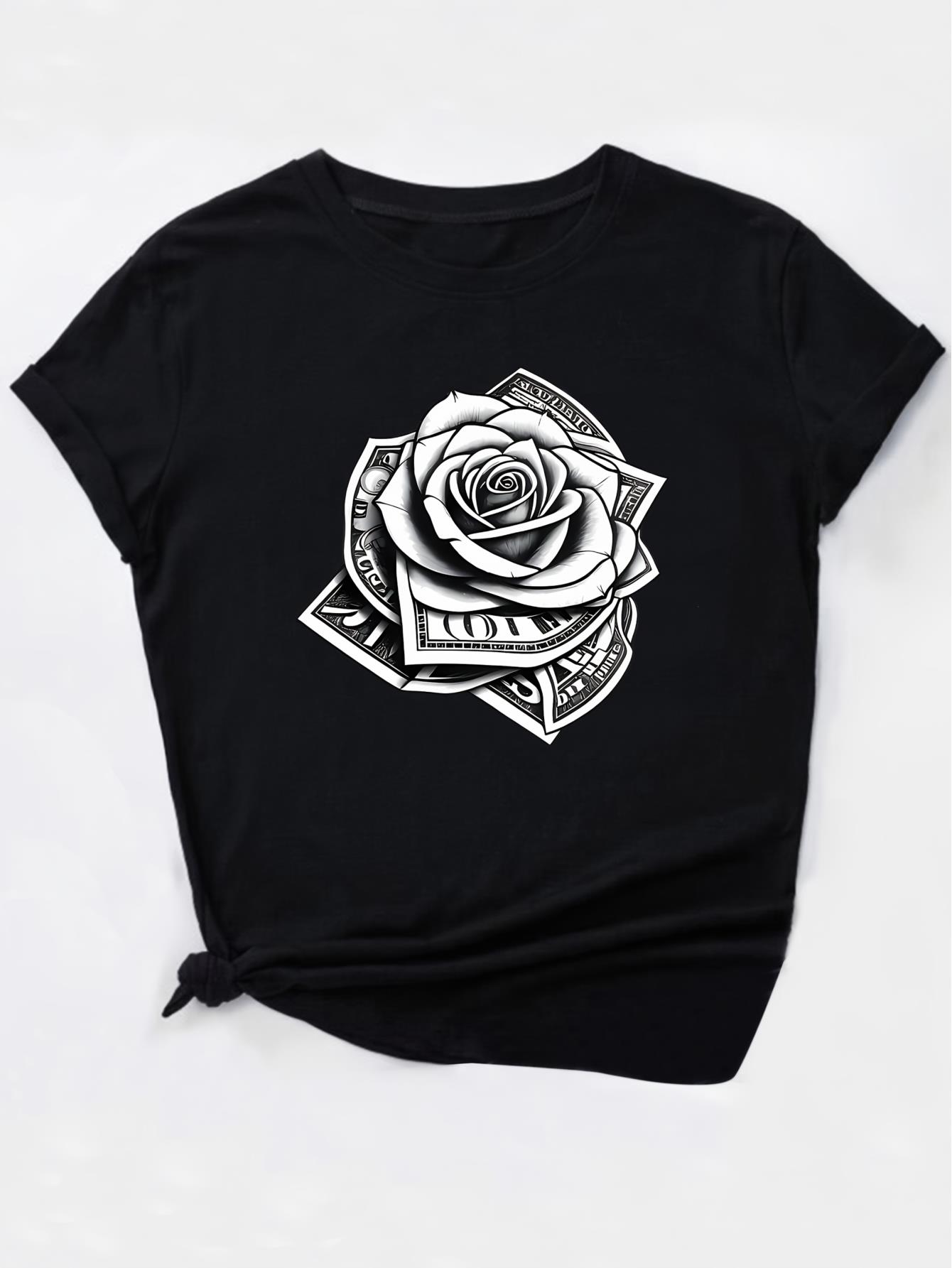 thumbnail image 3 of Chic Rose & Dollar Print Women's T-Shirt - Casual Crew Neck, Short Sleeve, Breathable Polyester - Perfect for Spring/Summer/Fall, 3 of 7
