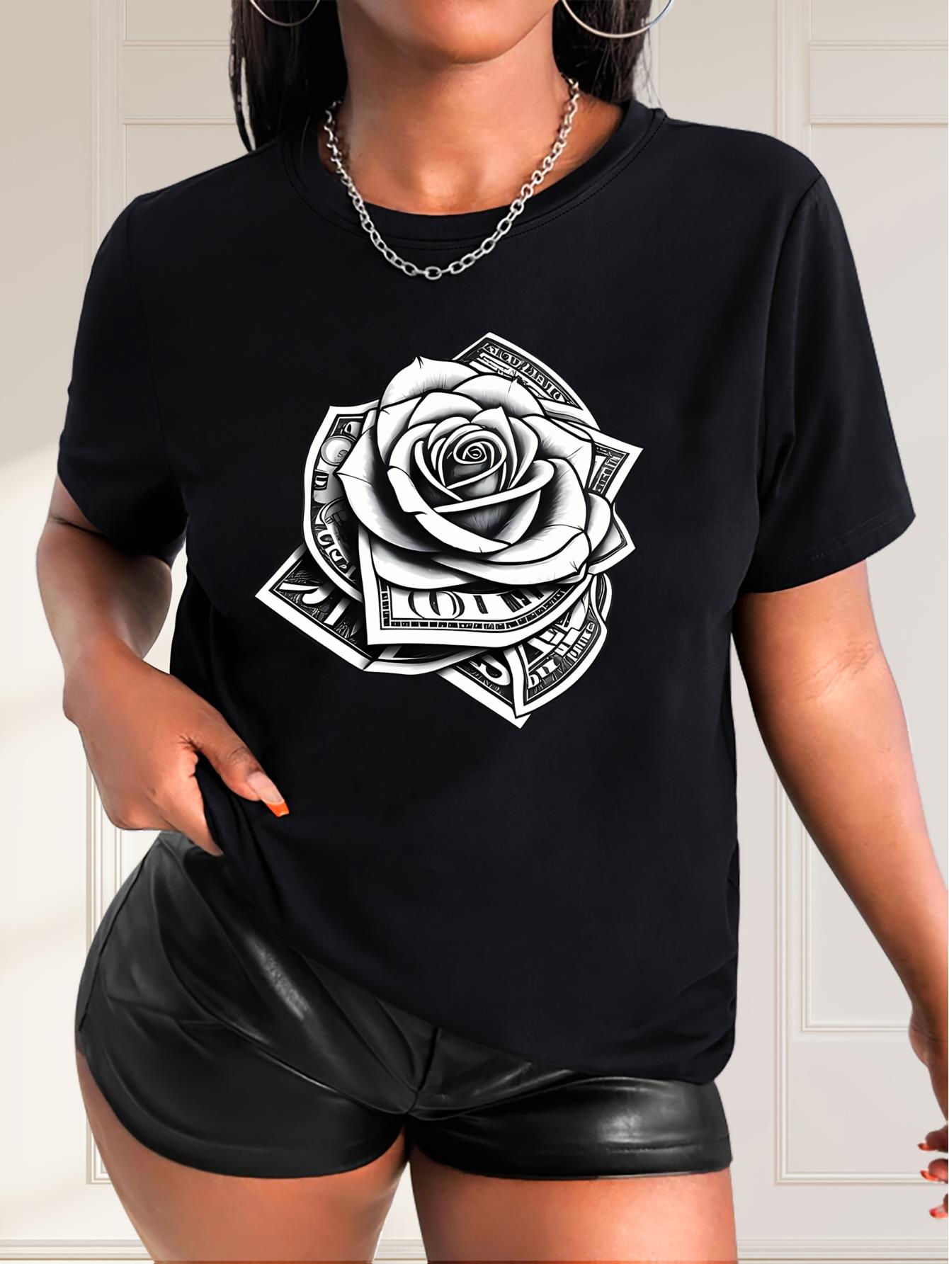 thumbnail image 1 of Chic Rose & Dollar Print Women's T-Shirt - Casual Crew Neck, Short Sleeve, Breathable Polyester - Perfect for Spring/Summer/Fall, 1 of 7