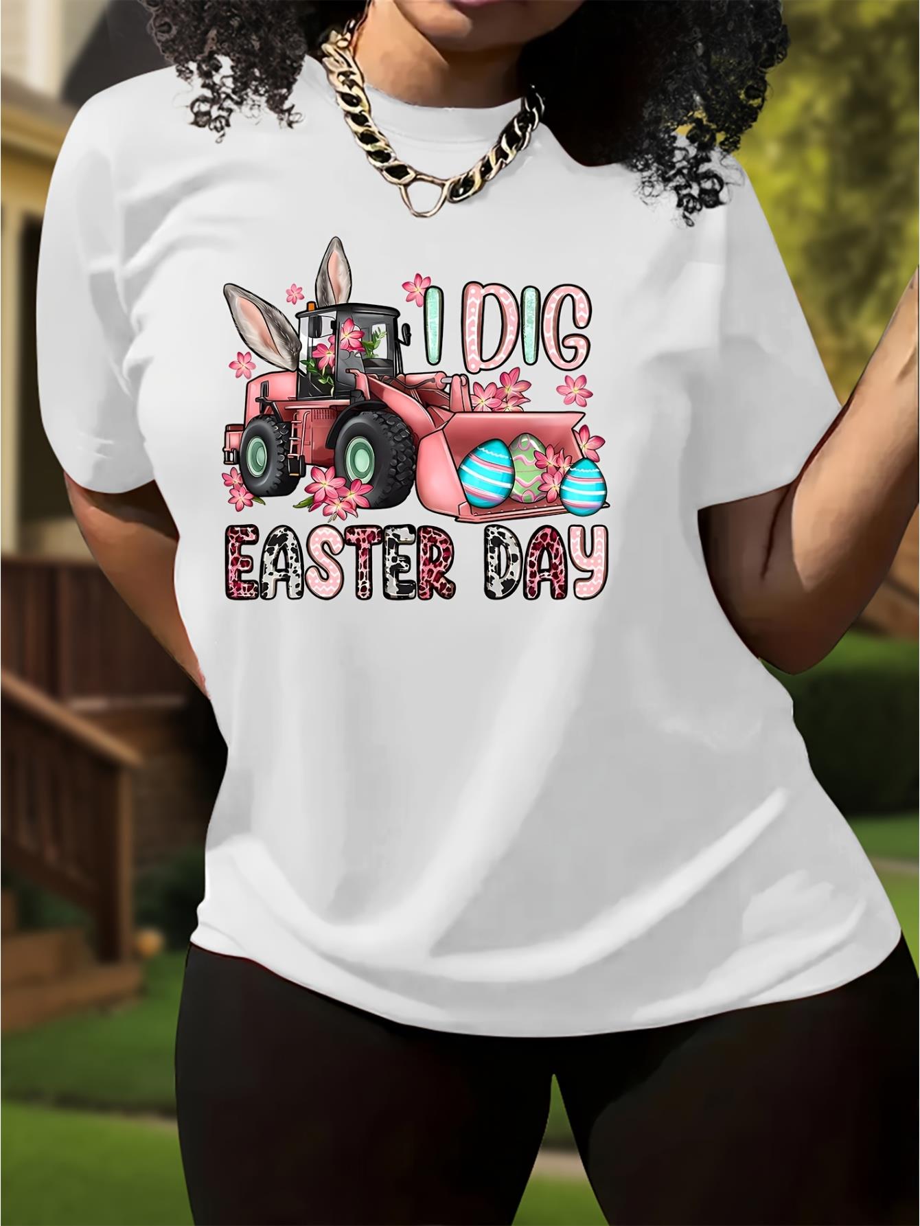 thumbnail image 1 of Women's Easter Bunny Graphic Tee - White Casual Short Sleeve T-Shirt with "I Dig Easter Day" Design, Pink Tractor & Egg Print, Soft Polyester Fabric for Spring/Summer Wear, 1 of 7