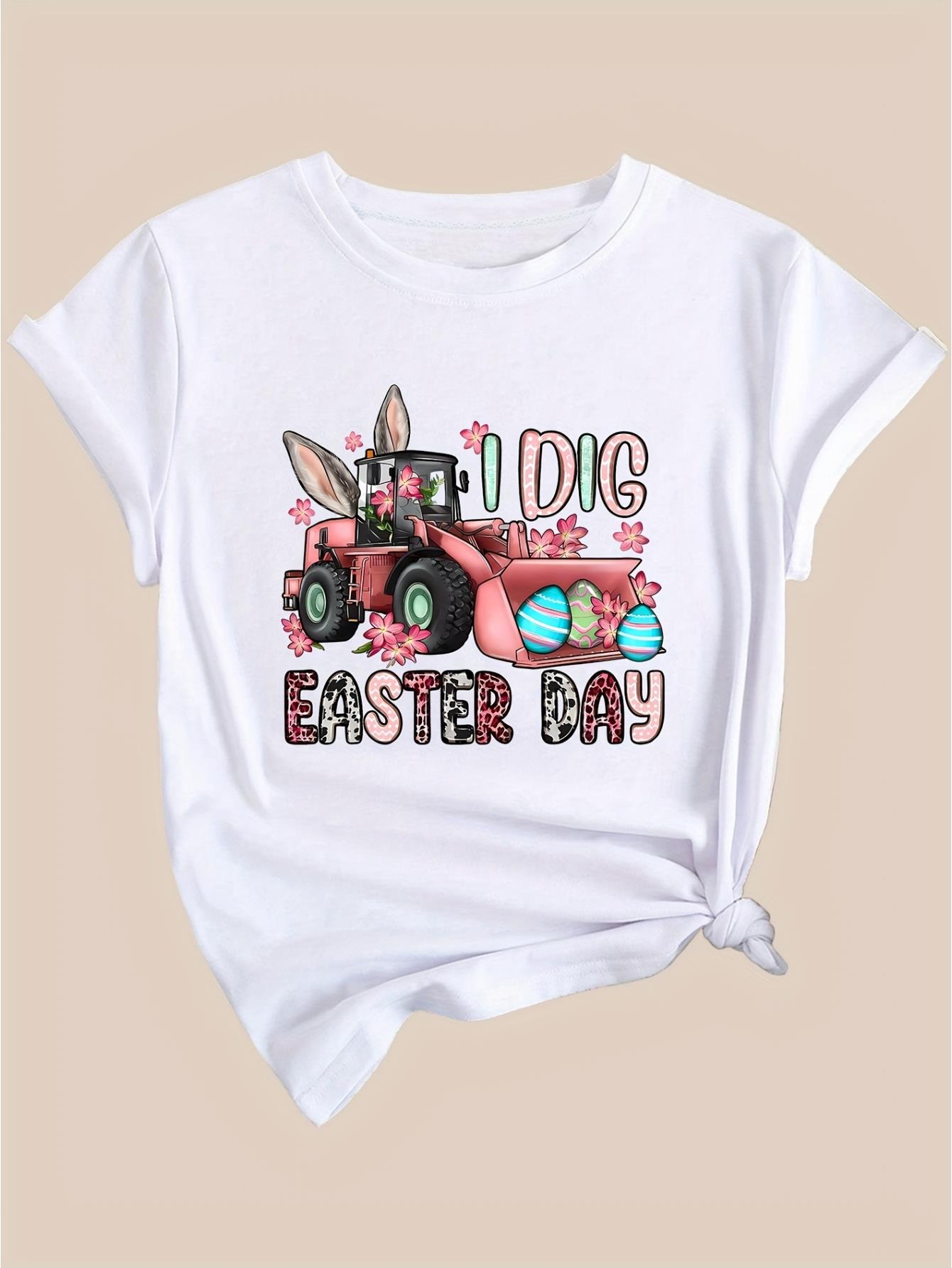 thumbnail image 3 of Women's Easter Bunny Graphic Tee - White Casual Short Sleeve T-Shirt with "I Dig Easter Day" Design, Pink Tractor & Egg Print, Soft Polyester Fabric for Spring/Summer Wear, 3 of 7