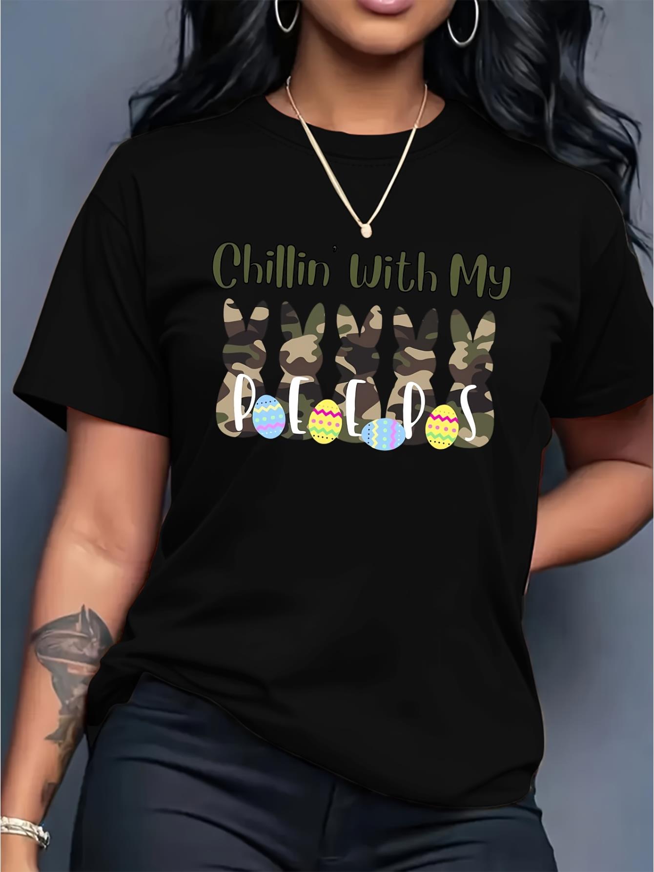 thumbnail image 1 of Easter Bunny & Egg Print Women's Casual T-Shirt - Short Sleeve, Crew Neck, Black Graphic Tee with "Chillin' with My Peeps" Design, Spring/Summer Fashion Top for Women, 1 of 7