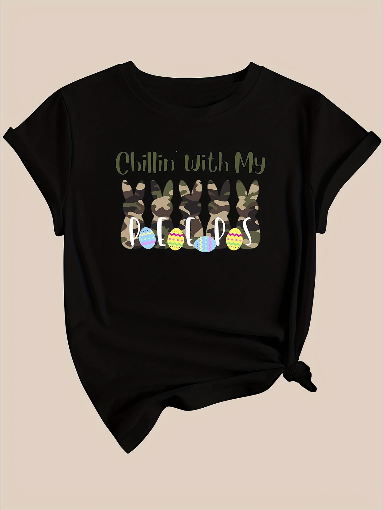 thumbnail image 3 of Easter Bunny & Egg Print Women's Casual T-Shirt - Short Sleeve, Crew Neck, Black Graphic Tee with "Chillin' with My Peeps" Design, Spring/Summer Fashion Top for Women, 3 of 7