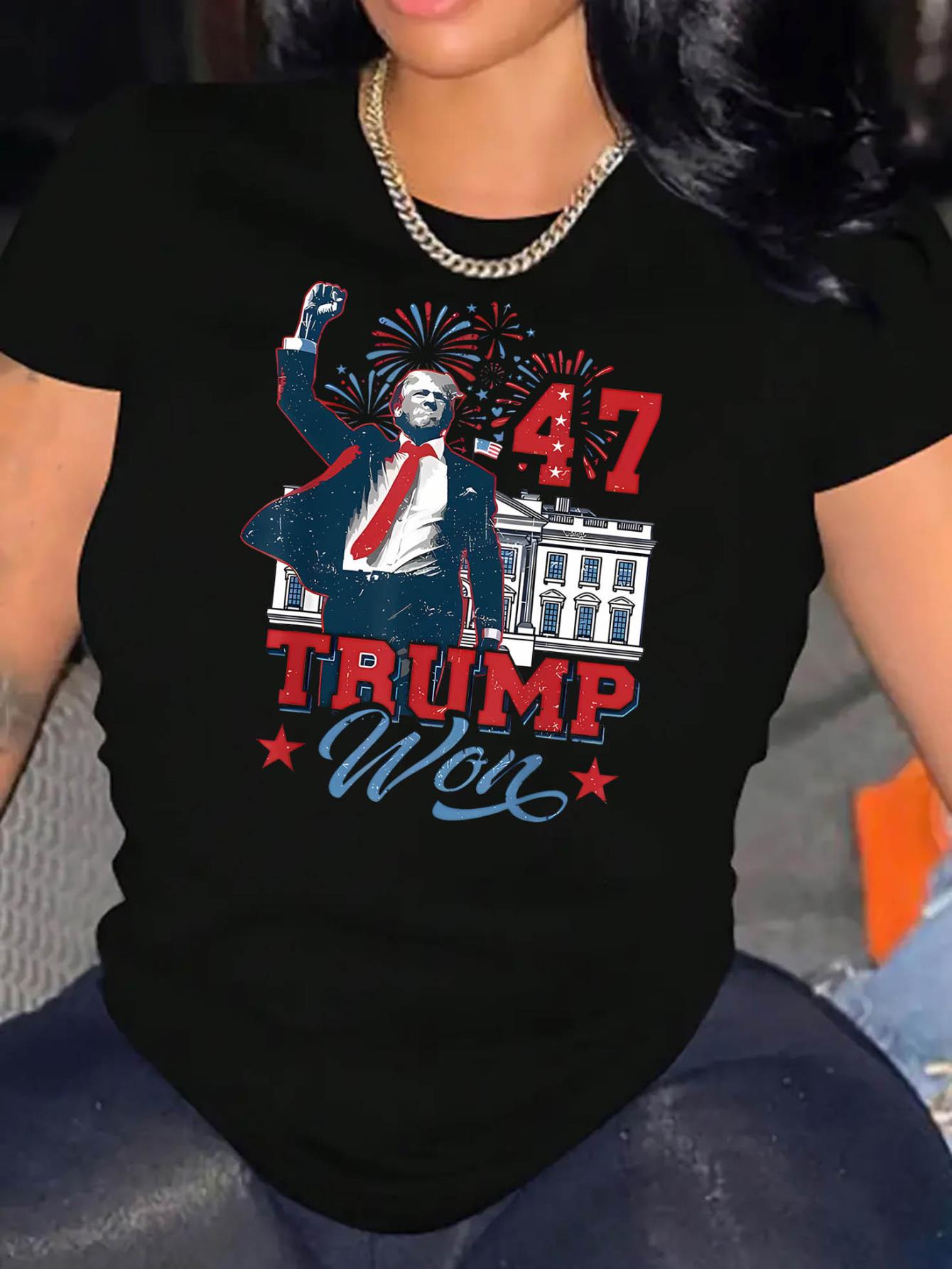 thumbnail image 2 of Creative English Trump Pattern Printed Women'S Fashionable Round Neck Short Sleeve, Simple Casual Sports T-Shirt, Comfortable Summer Top for Holidays., 2 of 8