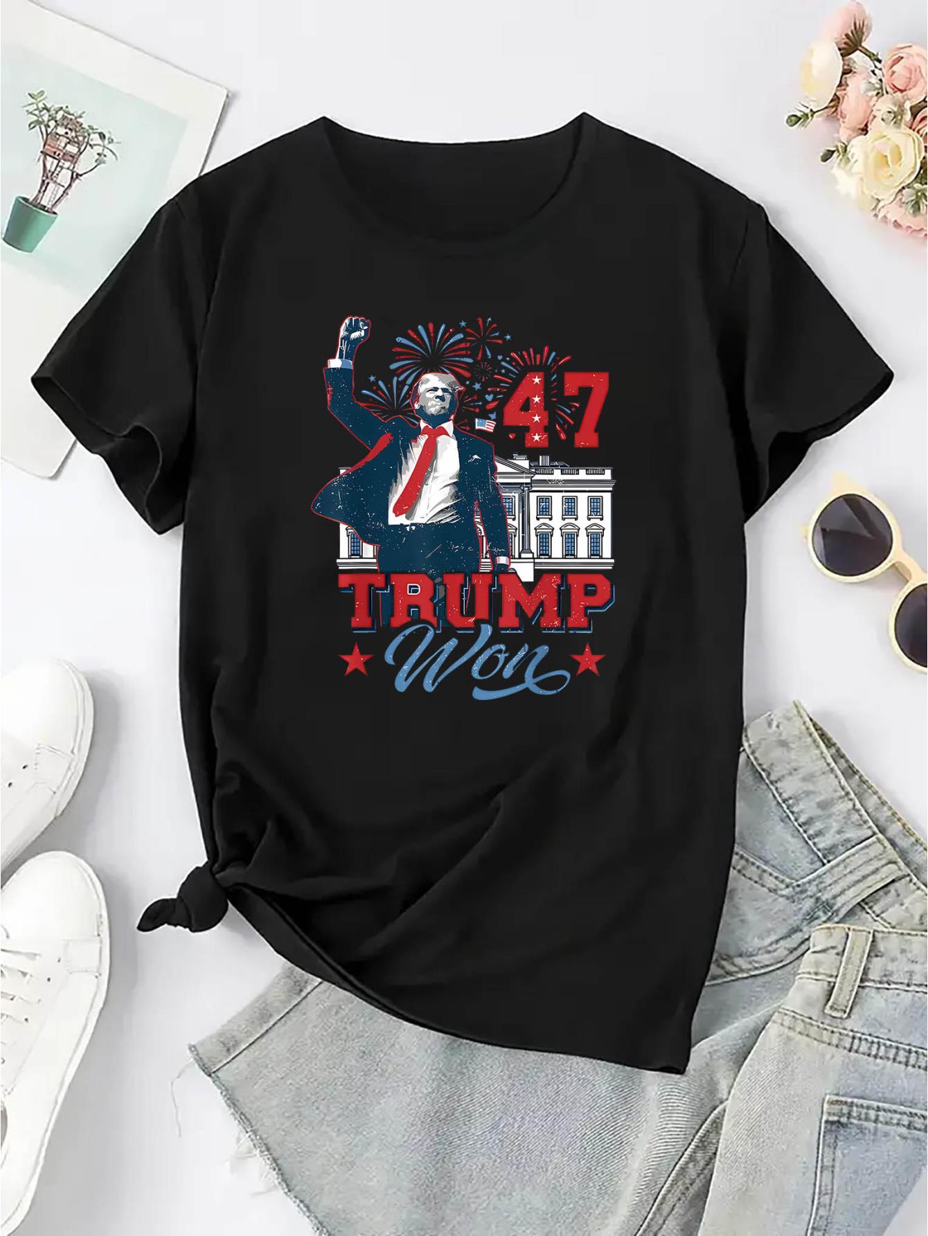 thumbnail image 4 of Creative English Trump Pattern Printed Women'S Fashionable Round Neck Short Sleeve, Simple Casual Sports T-Shirt, Comfortable Summer Top for Holidays., 4 of 8