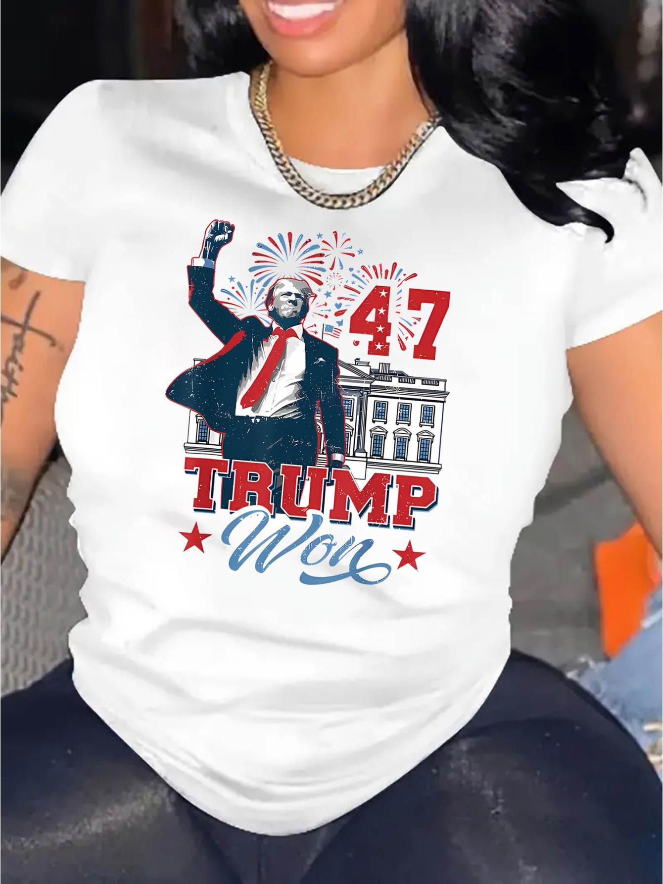 thumbnail image 1 of Creative English Trump Pattern Printed Women'S Fashionable Round Neck Short Sleeve, Simple Casual Sports T-Shirt, Comfortable Summer Top for Holidays., 1 of 8