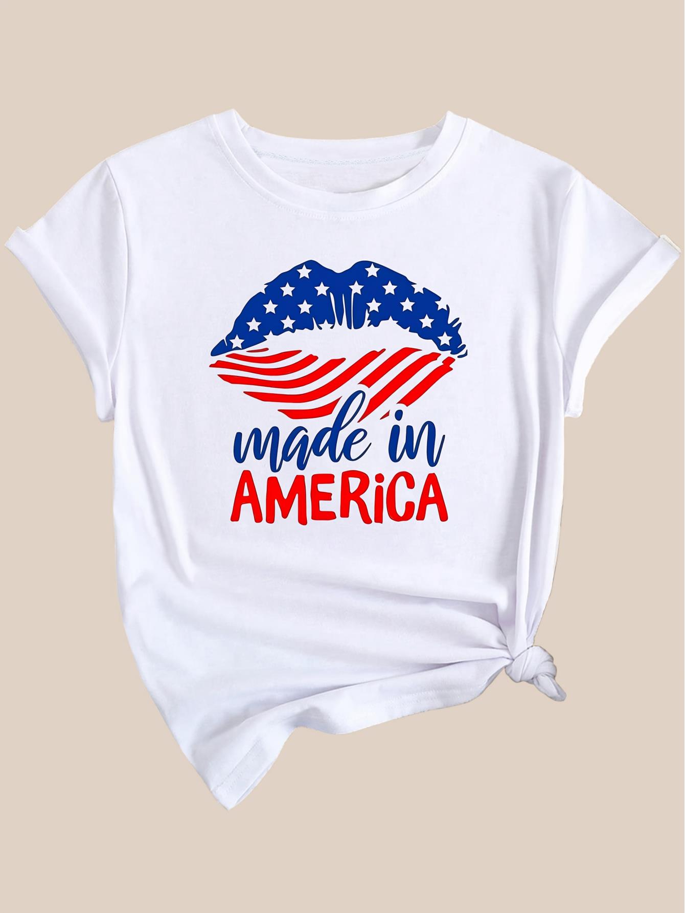 thumbnail image 3 of [Fashionable] Patriotic "Made in America" Graphic Tee for Women - Casual Round Neck Short Sleeve T-Shirt with American Flag Lip Print, Breathable Polyester, Machine Washable, 3 of 7