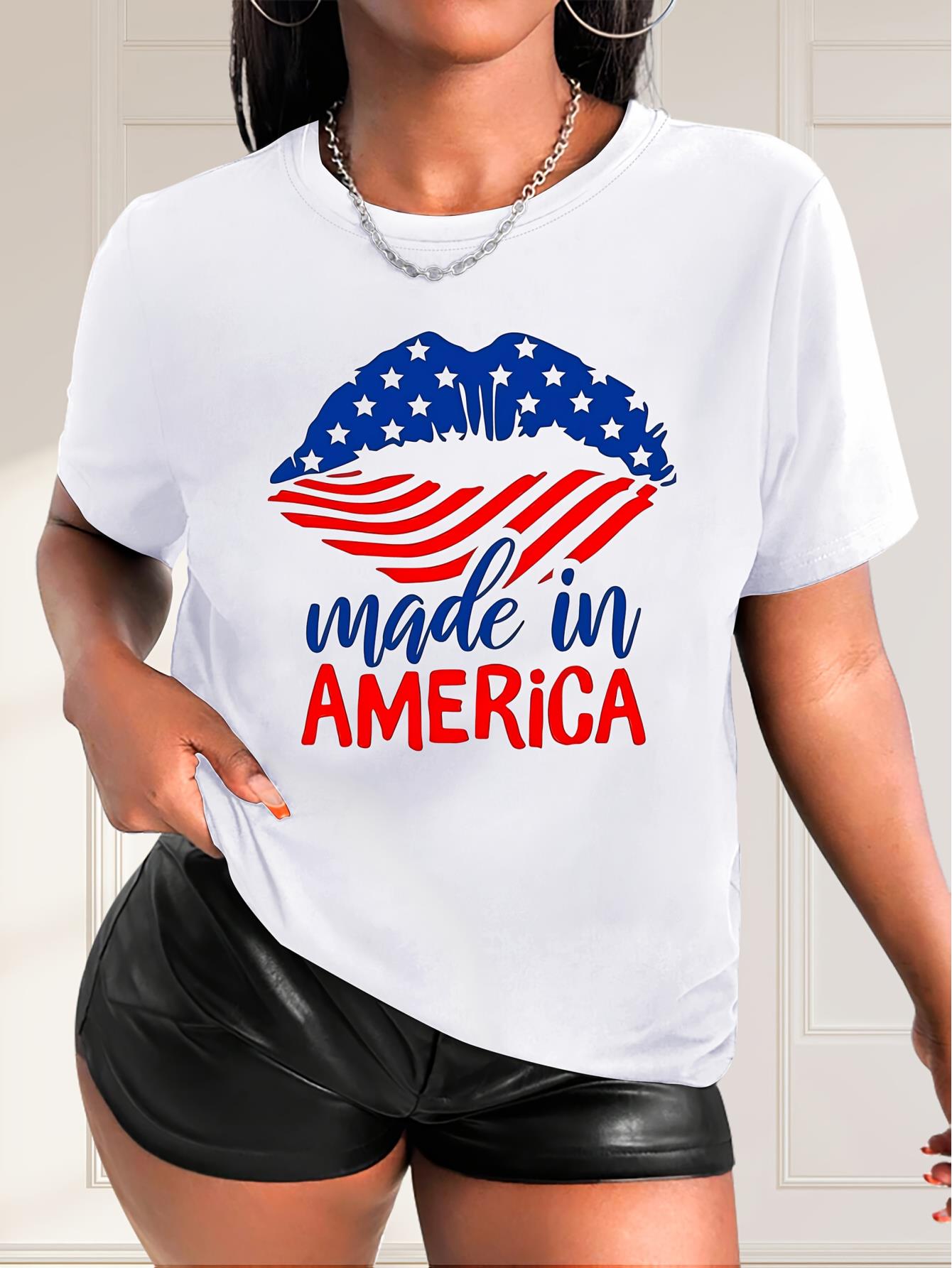 thumbnail image 1 of [Fashionable] Patriotic "Made in America" Graphic Tee for Women - Casual Round Neck Short Sleeve T-Shirt with American Flag Lip Print, Breathable Polyester, Machine Washable, 1 of 7