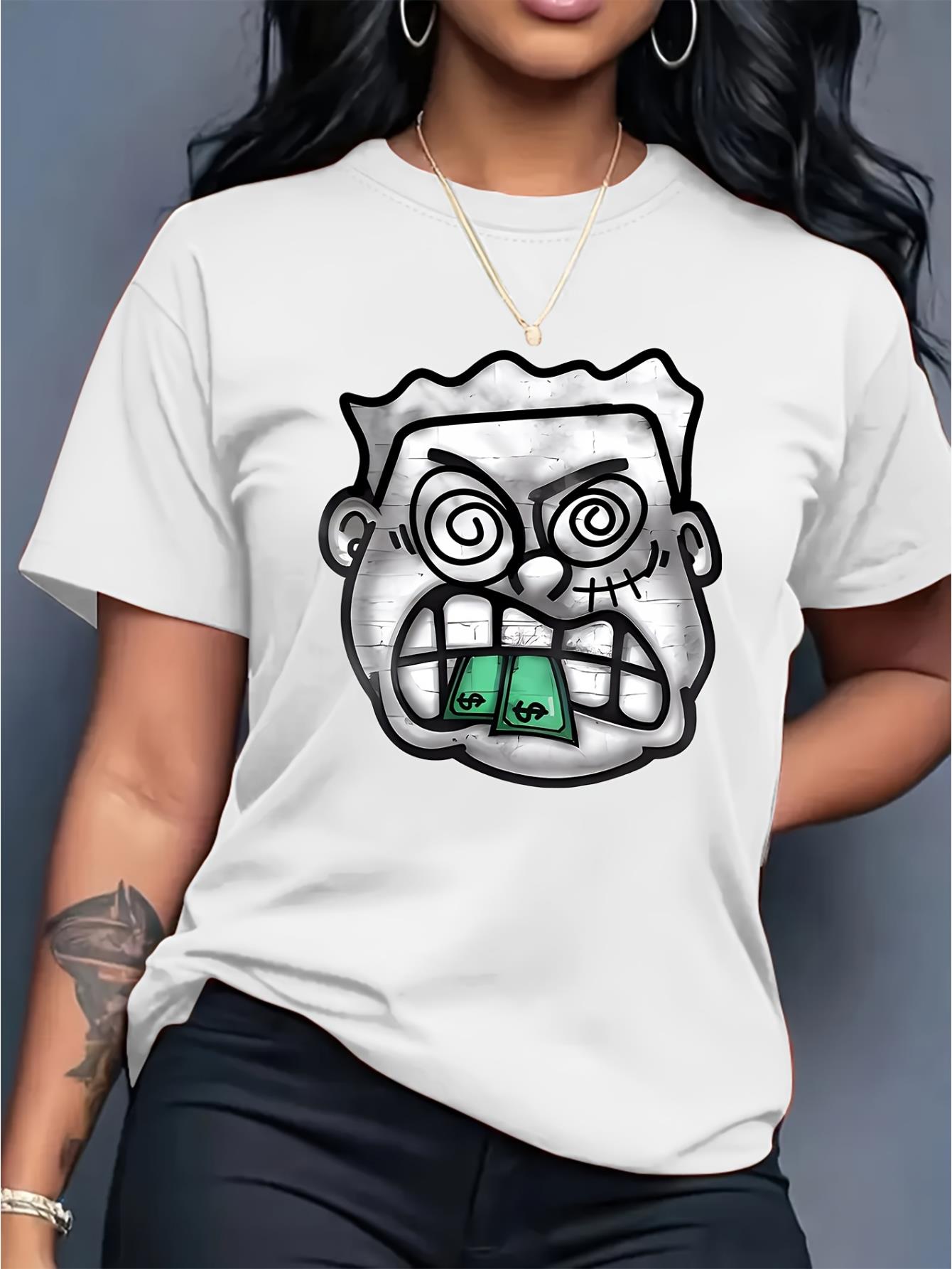 thumbnail image 1 of [Everyday Comfort] Women's Casual Fashion Tee with Bold Cartoon Face & Cash Print - Soft Polyester, Round Neck, Short Sleeve, Machine Washable - Ideal for Spring/Summer/Fall, 1 of 8
