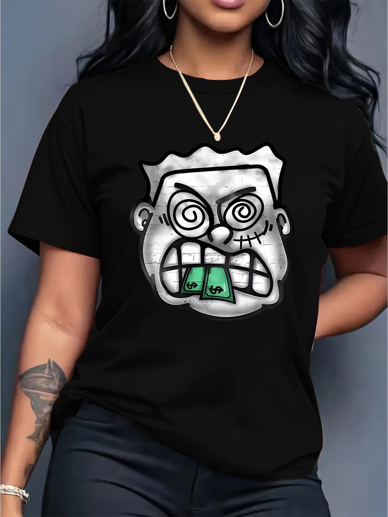thumbnail image 2 of [Everyday Comfort] Women's Casual Fashion Tee with Bold Cartoon Face & Cash Print - Soft Polyester, Round Neck, Short Sleeve, Machine Washable - Ideal for Spring/Summer/Fall, 2 of 8