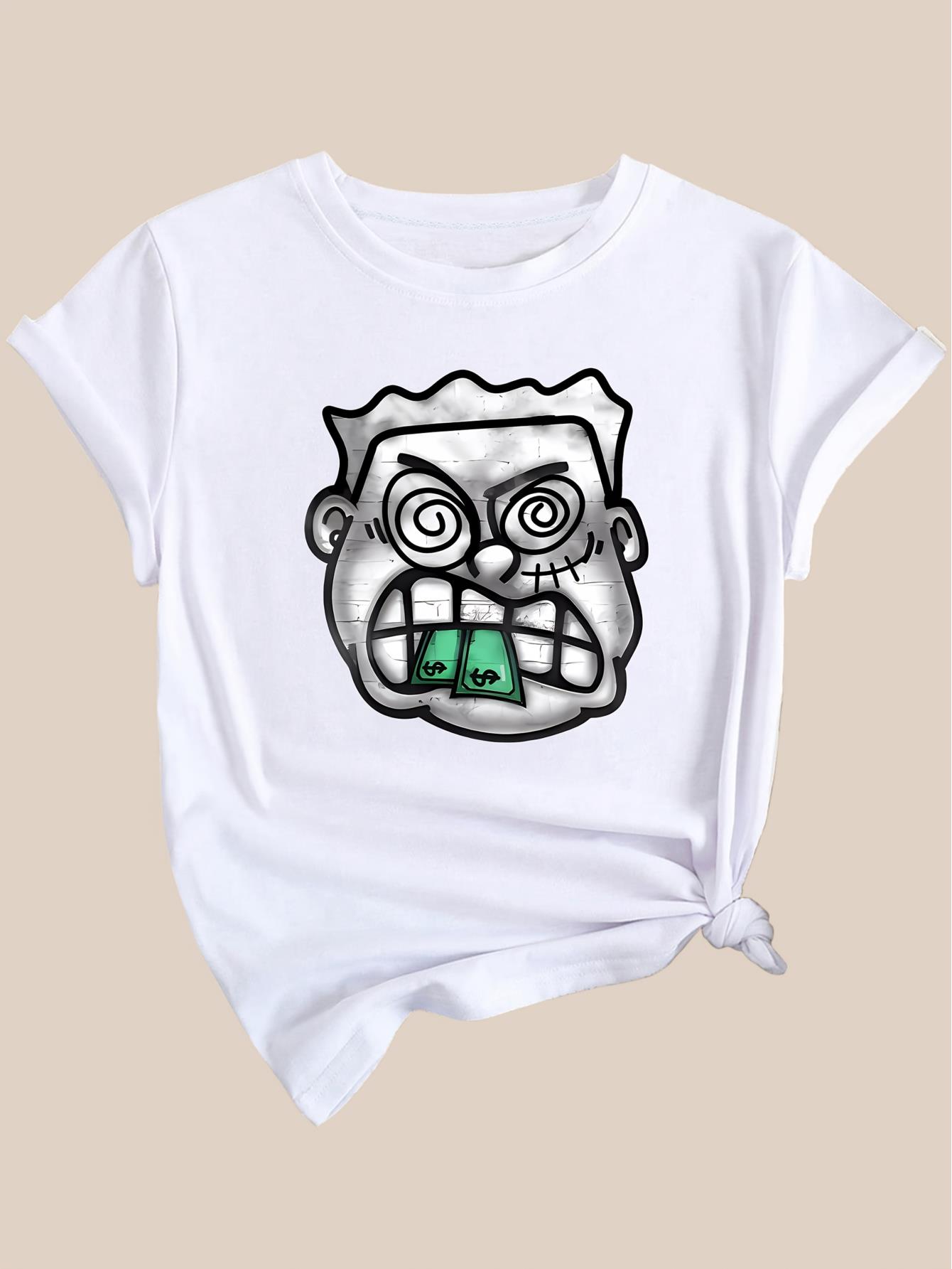 thumbnail image 5 of [Everyday Comfort] Women's Casual Fashion Tee with Bold Cartoon Face & Cash Print - Soft Polyester, Round Neck, Short Sleeve, Machine Washable - Ideal for Spring/Summer/Fall, 5 of 8