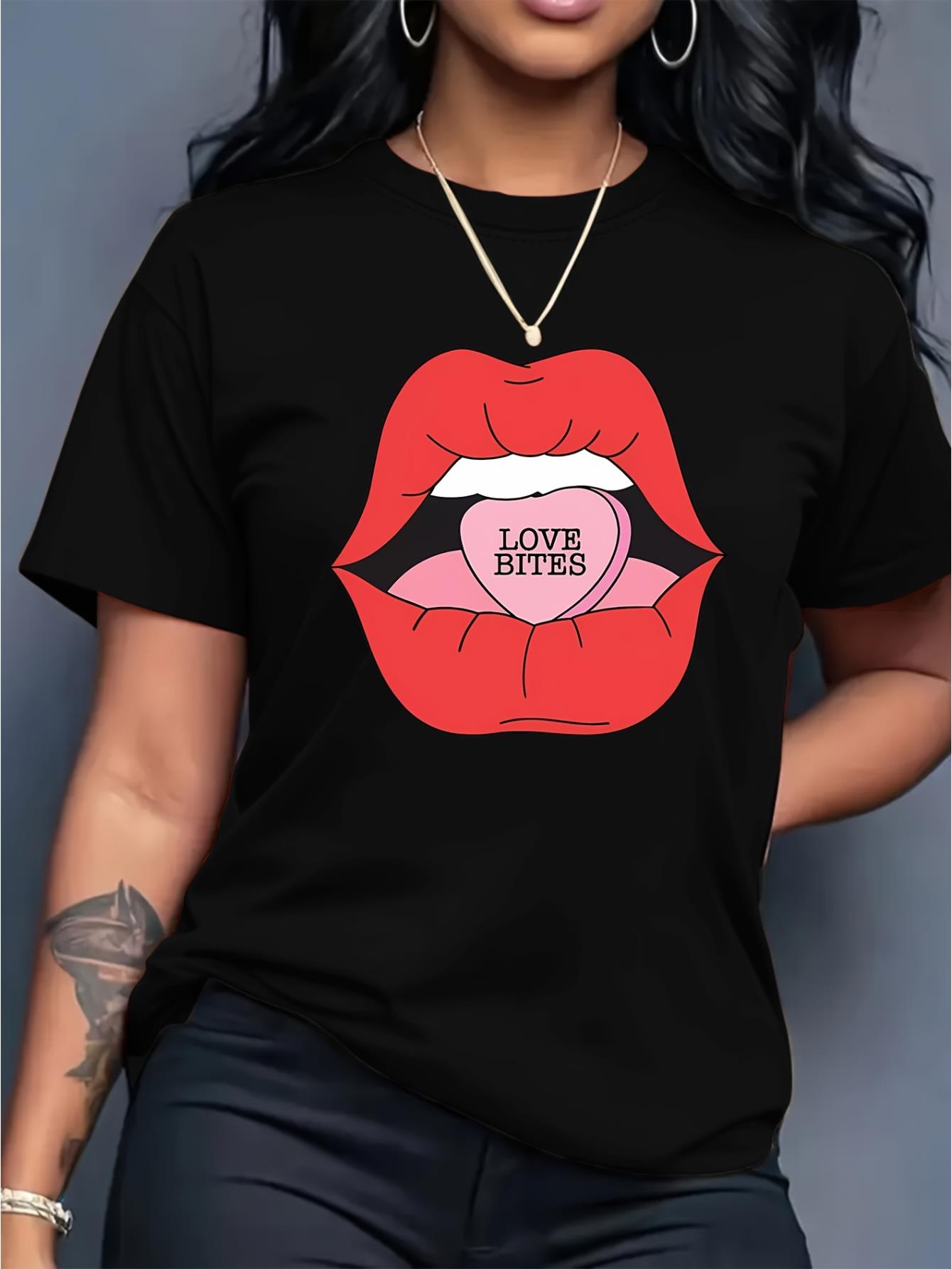 Black Women's Casual Fashion Top with Big Red Mouth Print and Love Bite, Round Neck Short Sleeve T-shirt