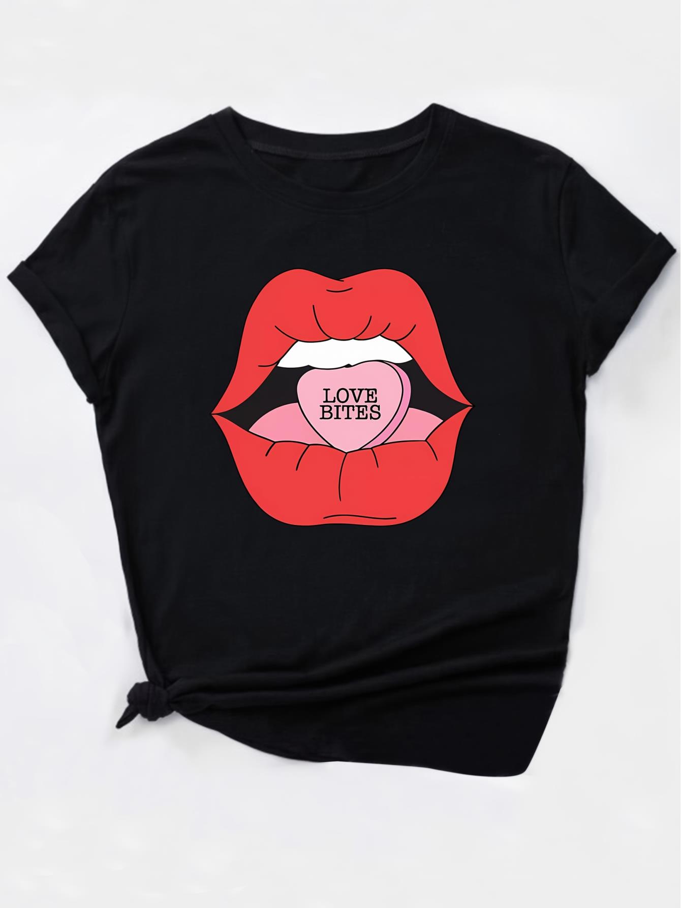 thumbnail image 5 of Black Women's Casual Fashion Top with Big Red Mouth Print and Love Bite, Round Neck Short Sleeve T-shirt, 5 of 8