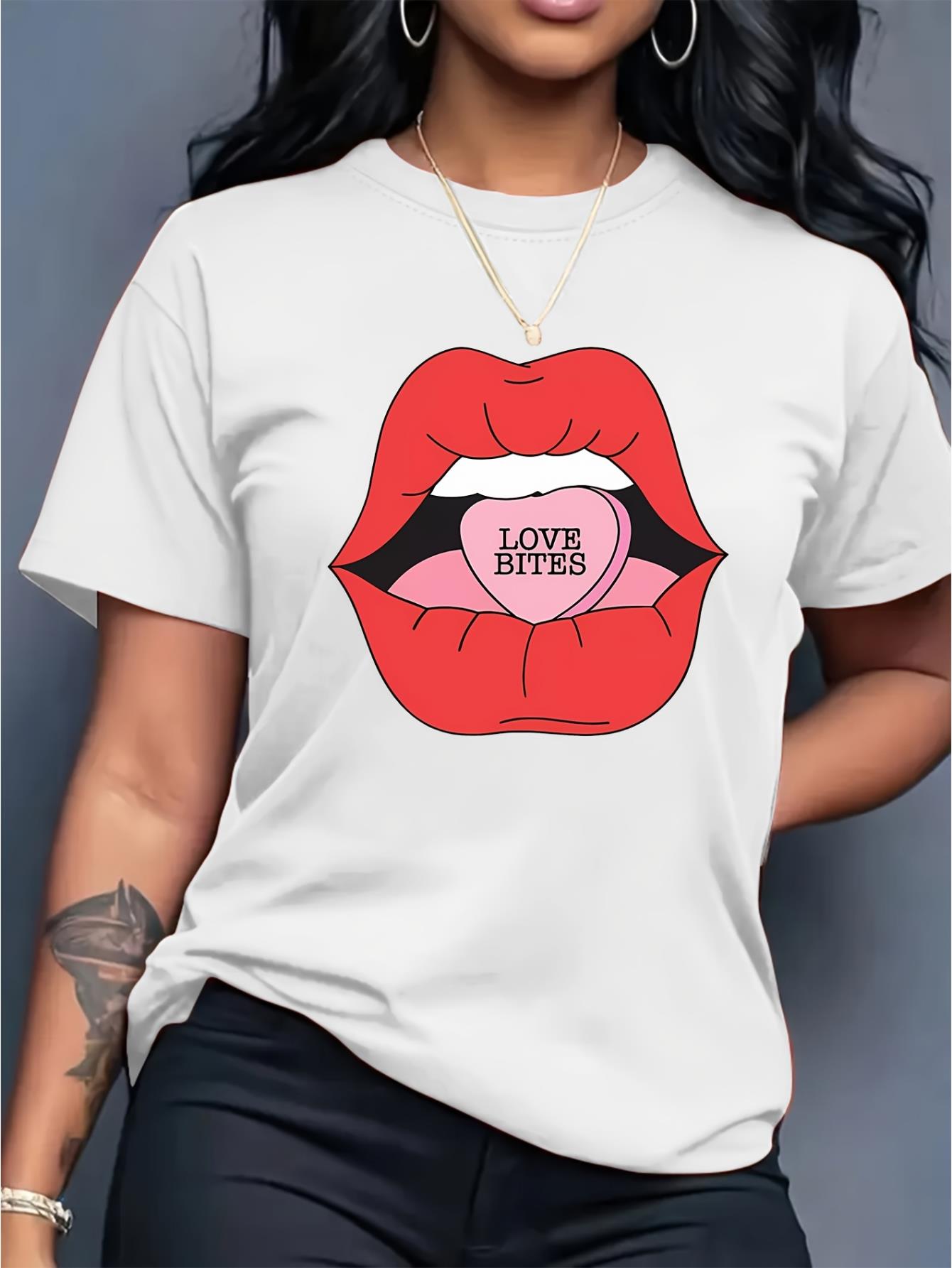 thumbnail image 2 of Black Women's Casual Fashion Top with Big Red Mouth Print and Love Bite, Round Neck Short Sleeve T-shirt, 2 of 8