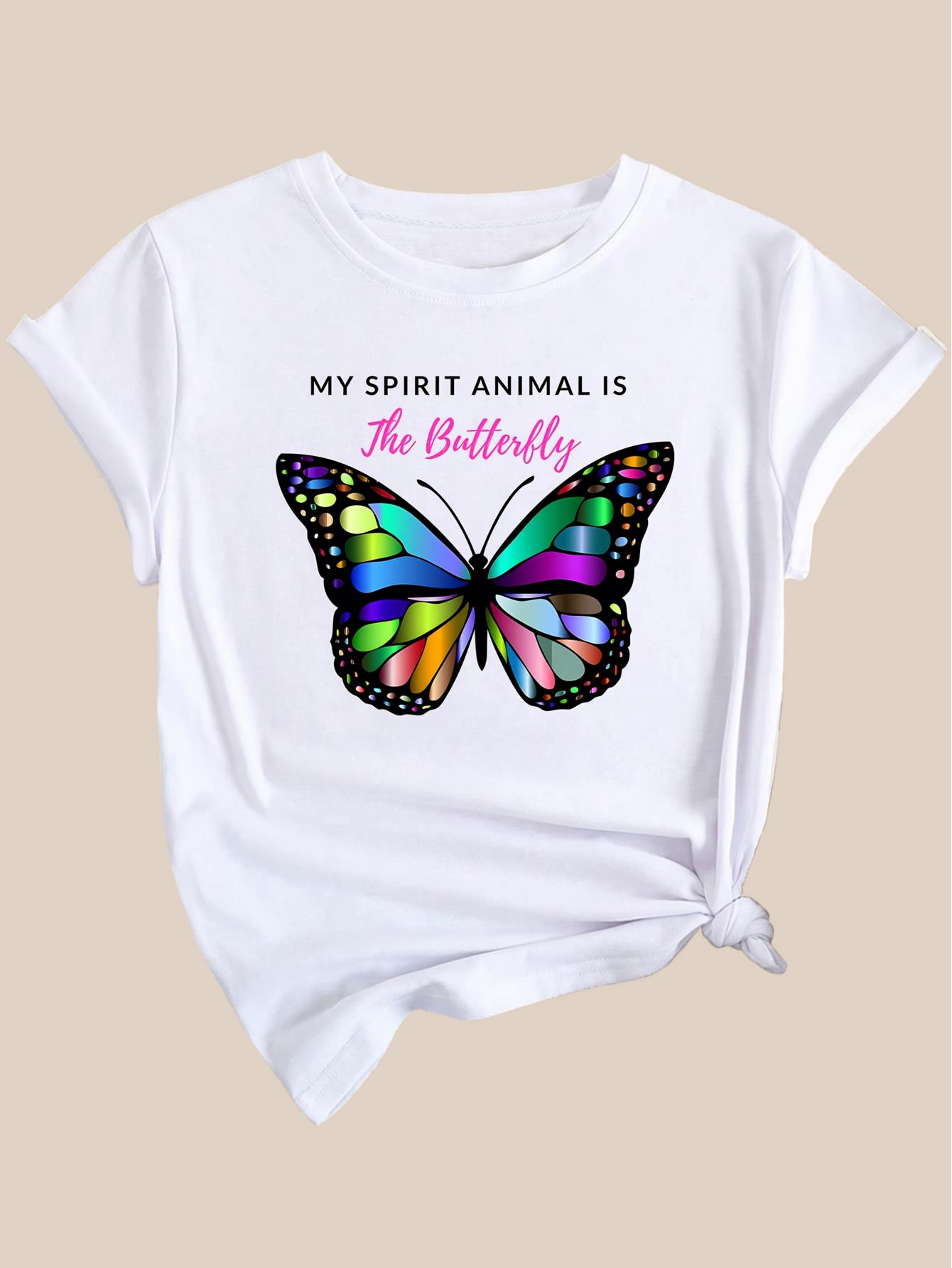 thumbnail image 3 of Colorful Butterfly & Letter Print Women's Casual Tee - Breathable Polyester, Round Neck Short Sleeve T-Shirt with "MY SPIRIT ANIMAL IS THE BUTTERFLY" Motif, Perfect for Spring/Summer/Fall, 3 of 7