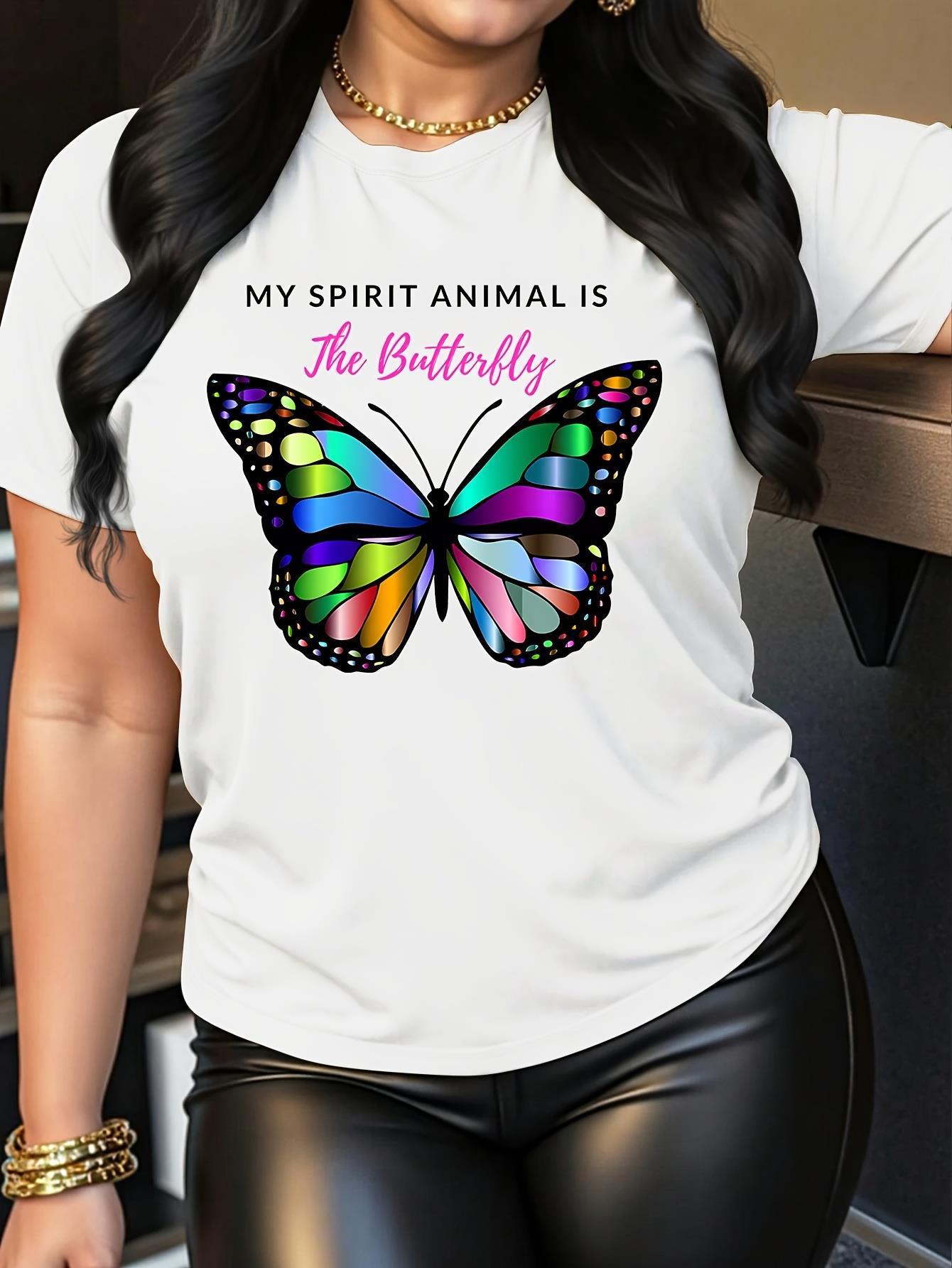 thumbnail image 1 of Colorful Butterfly & Letter Print Women's Casual Tee - Breathable Polyester, Round Neck Short Sleeve T-Shirt with "MY SPIRIT ANIMAL IS THE BUTTERFLY" Motif, Perfect for Spring/Summer/Fall, 1 of 7