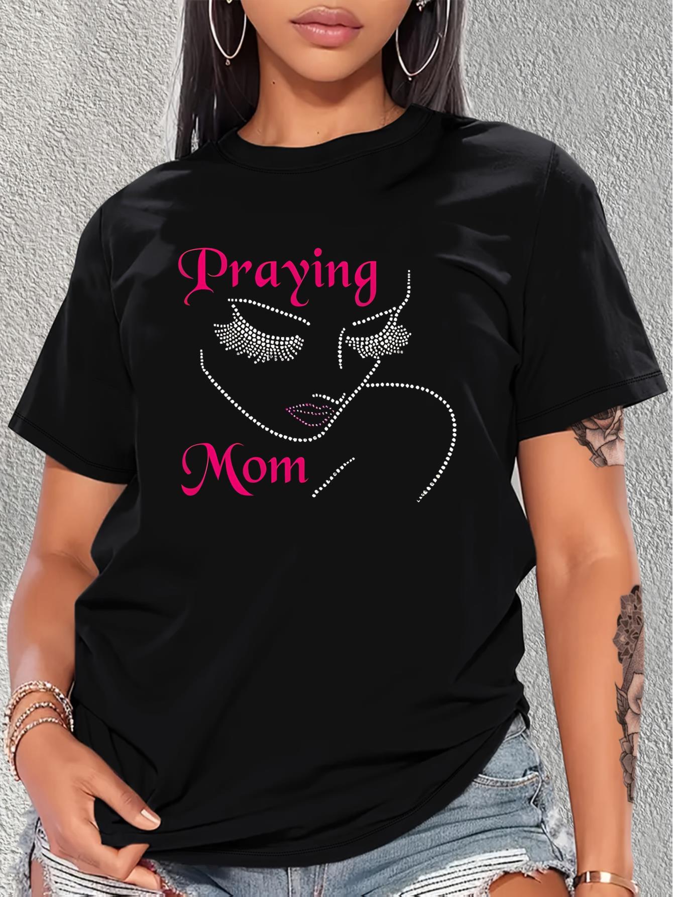 thumbnail image 1 of Casual Stylish Top with a Round Neck And Short Sleeves Featuring a Printed Design of a Beautiful Woman with Diamond-Like Art., 1 of 7
