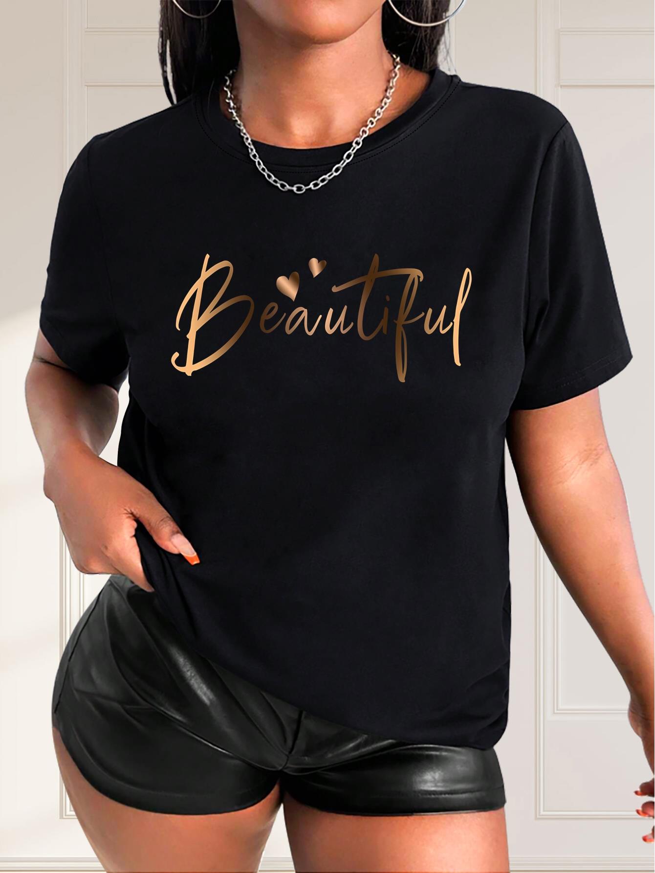 Creative Golden Letter Heart Print Casual Fashion Top for Black Women, Round Neck Short Sleeve T-Shirt.