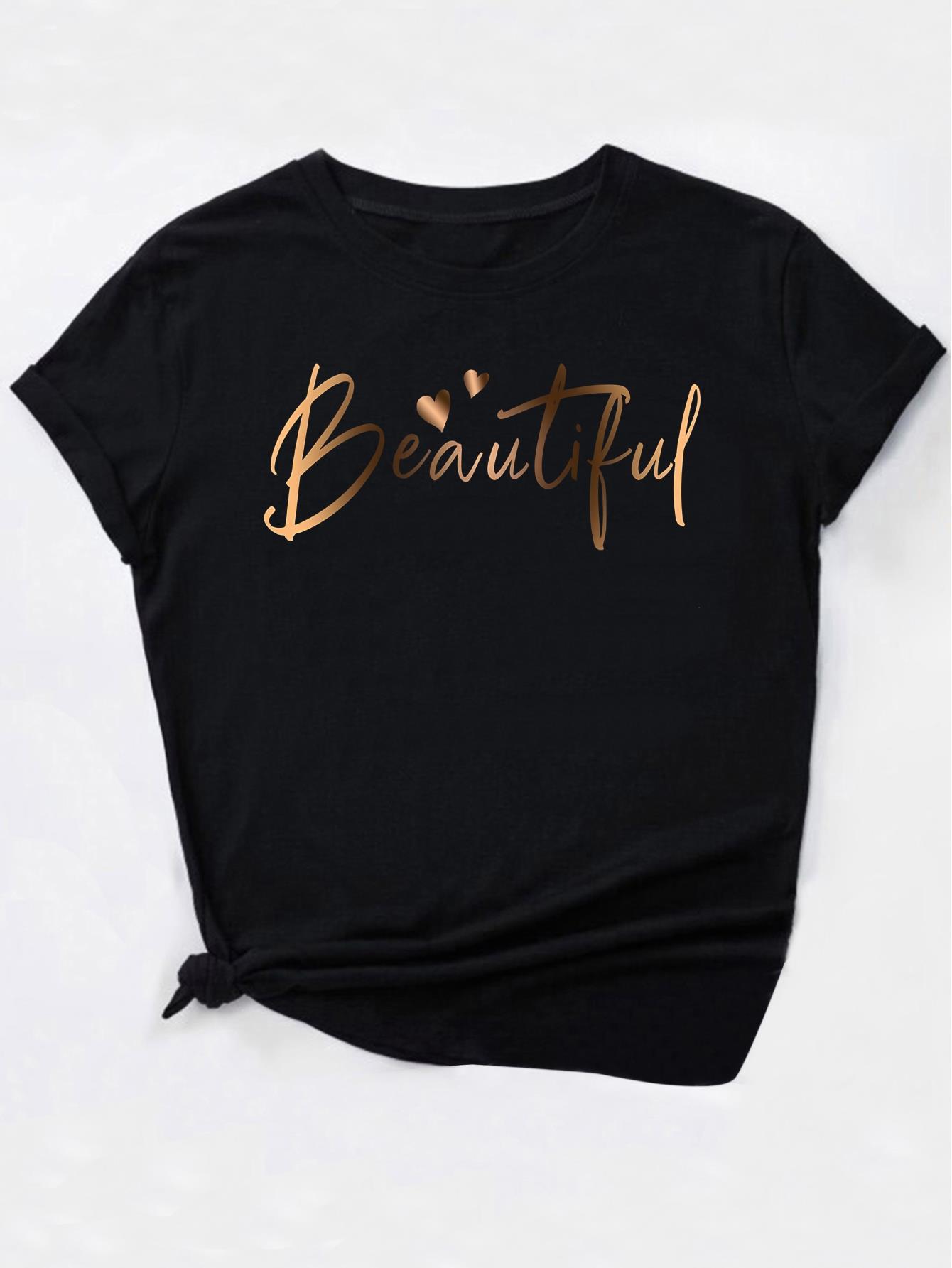 thumbnail image 3 of Creative Golden Letter Heart Print Casual Fashion Top for Black Women, Round Neck Short Sleeve T-Shirt., 3 of 7