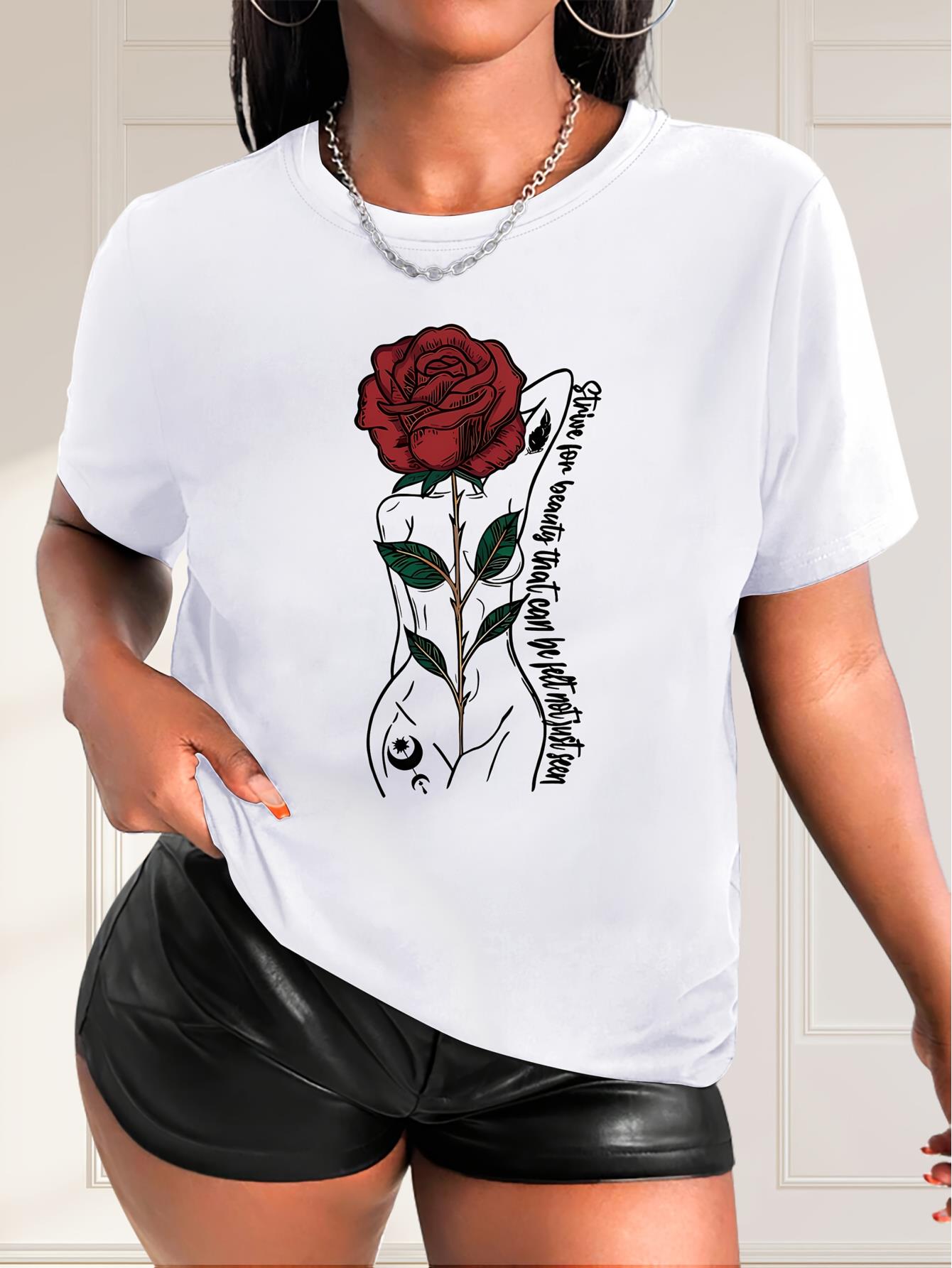 thumbnail image 1 of Chic Artistic Rose Print Women's T-Shirt - Casual Fashion, Crew Neck, Short Sleeve, Breathable Polyester - Perfect for Spring/Summer/Fall, 1 of 7
