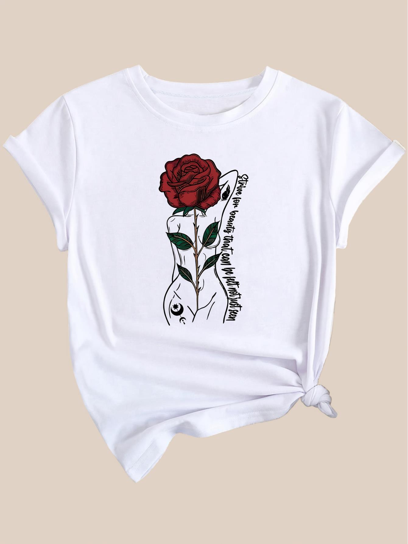 thumbnail image 2 of Chic Artistic Rose Print Women's T-Shirt - Casual Fashion, Crew Neck, Short Sleeve, Breathable Polyester - Perfect for Spring/Summer/Fall, 2 of 7