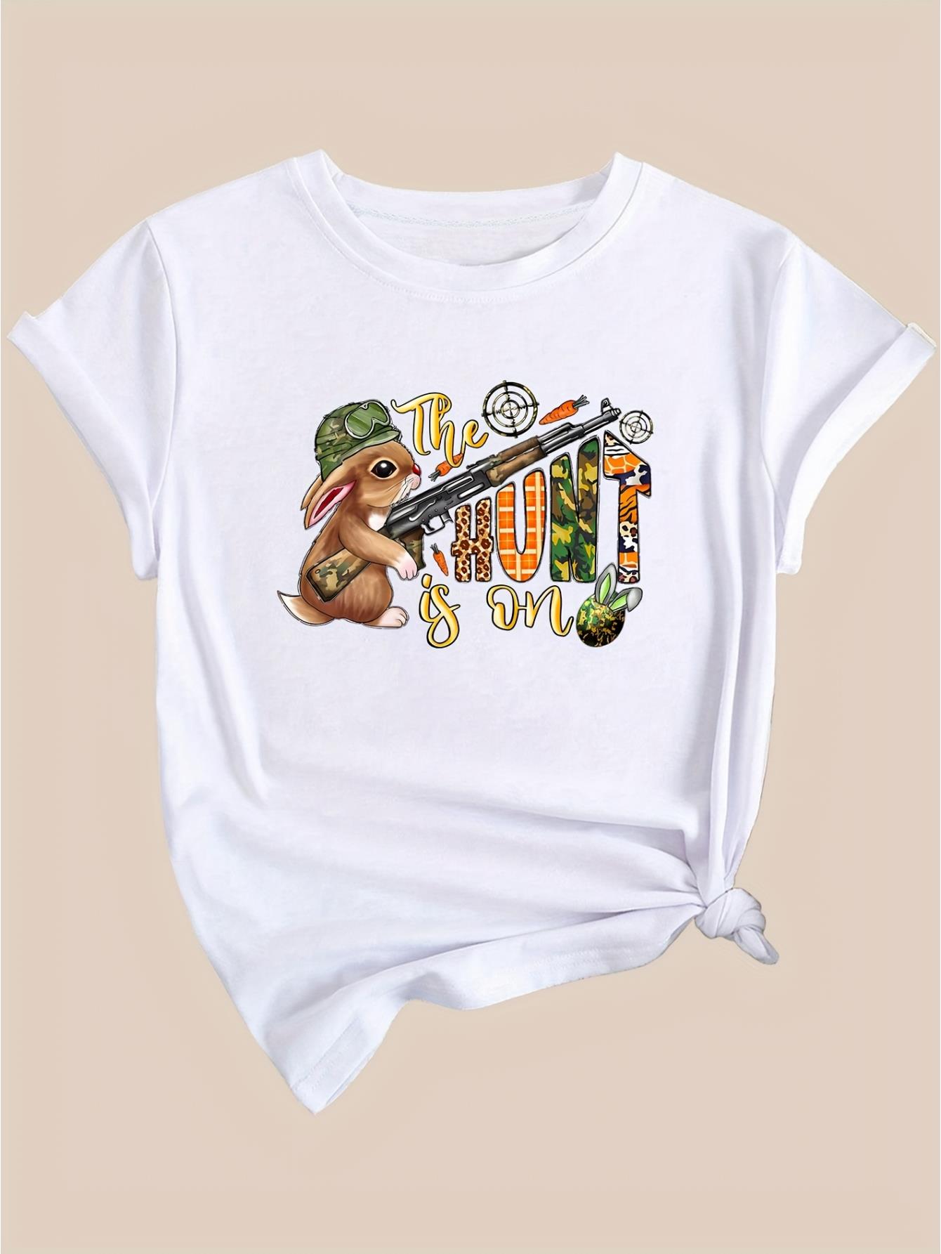 thumbnail image 3 of Women's Easter Bunny Graphic Tee - Casual Polyester Round Neck Short Sleeve T-Shirt with Colorful "THE HUNT IS ON" Print, Machine Washable, Autumn Fashion Shirt | Illustrated Tshirt | Polyester Fabri, 3 of 7
