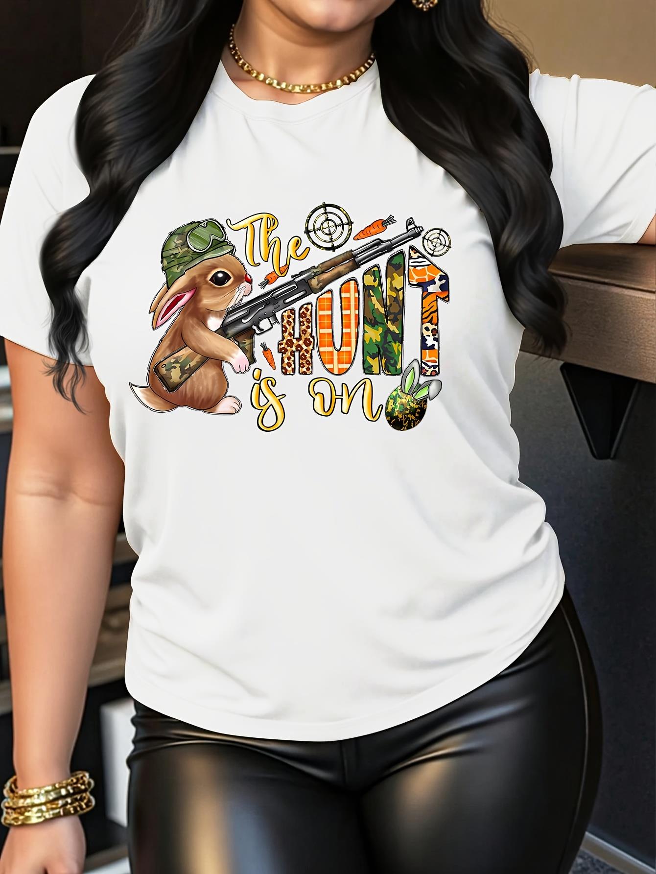 thumbnail image 1 of Women's Easter Bunny Graphic Tee - Casual Polyester Round Neck Short Sleeve T-Shirt with Colorful "THE HUNT IS ON" Print, Machine Washable, Autumn Fashion Shirt | Illustrated Tshirt | Polyester Fabri, 1 of 7