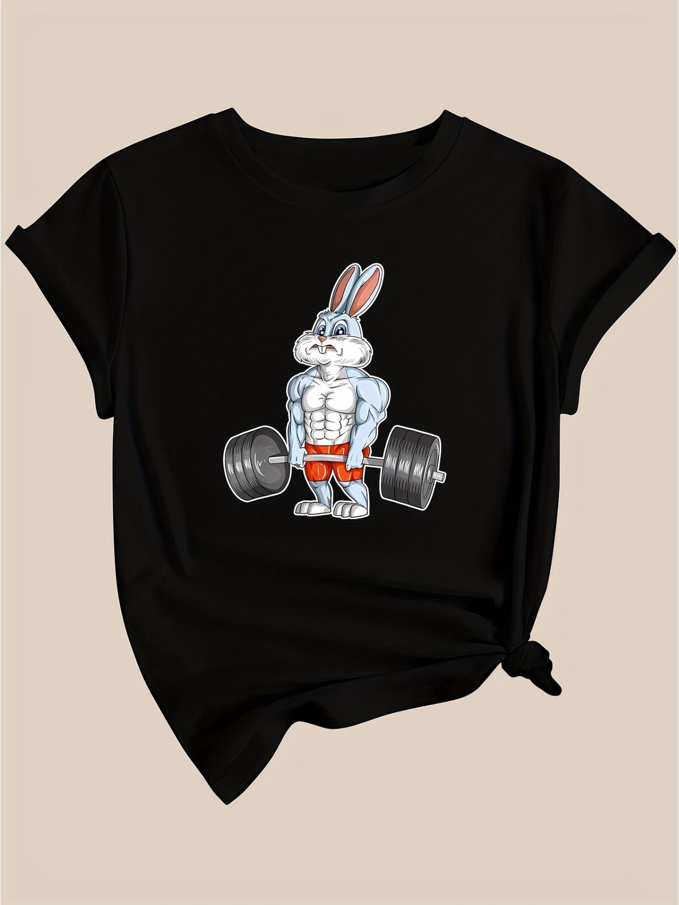 thumbnail image 3 of Women's Casual Black T-Shirt with Weightlifting Bunny Print - Crew Neck, Short Sleeve, Polyester, Machine Washable, 3 of 7