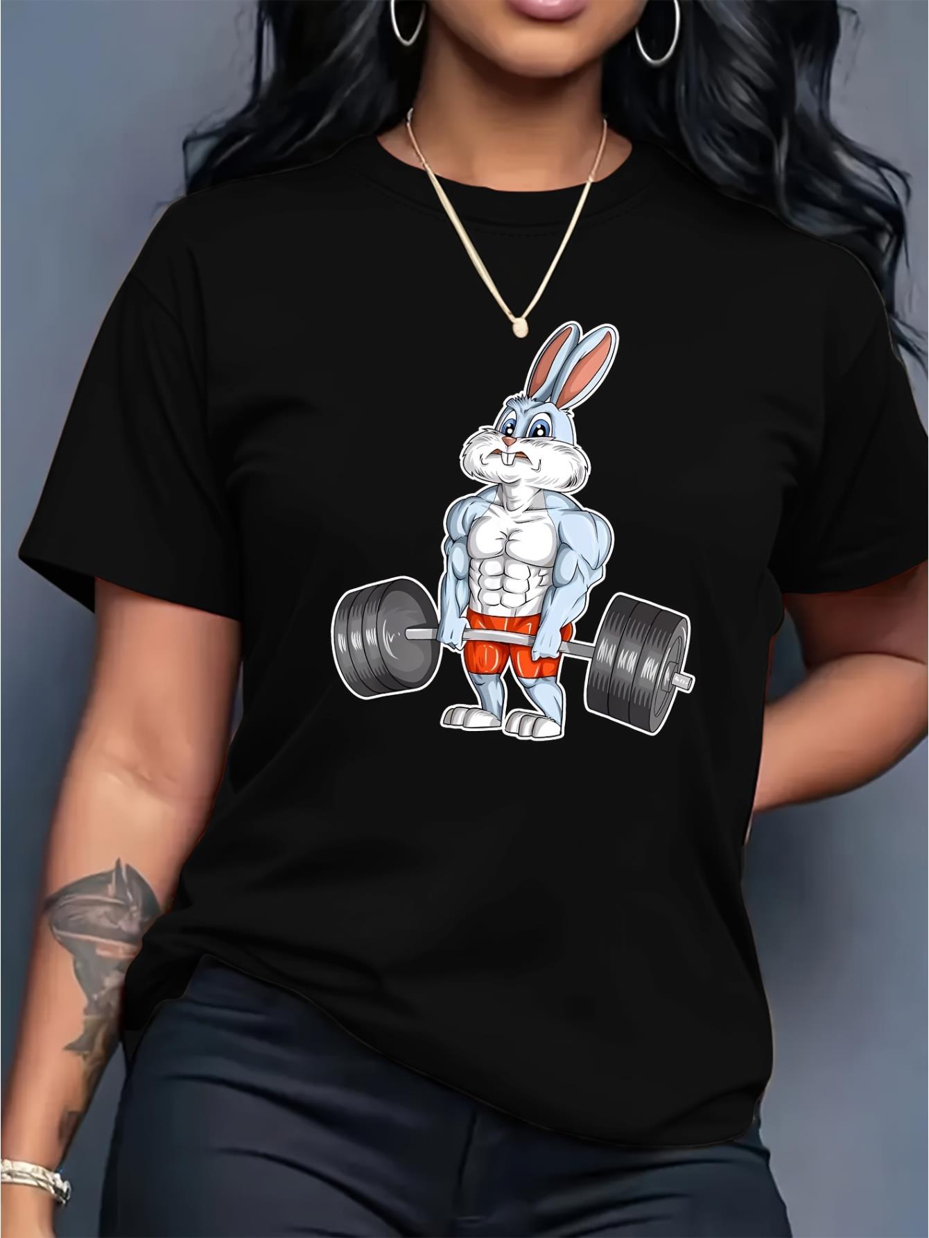 Women's Casual Black T-Shirt with Weightlifting Bunny Print - Crew Neck, Short Sleeve, Polyester, Machine Washable
