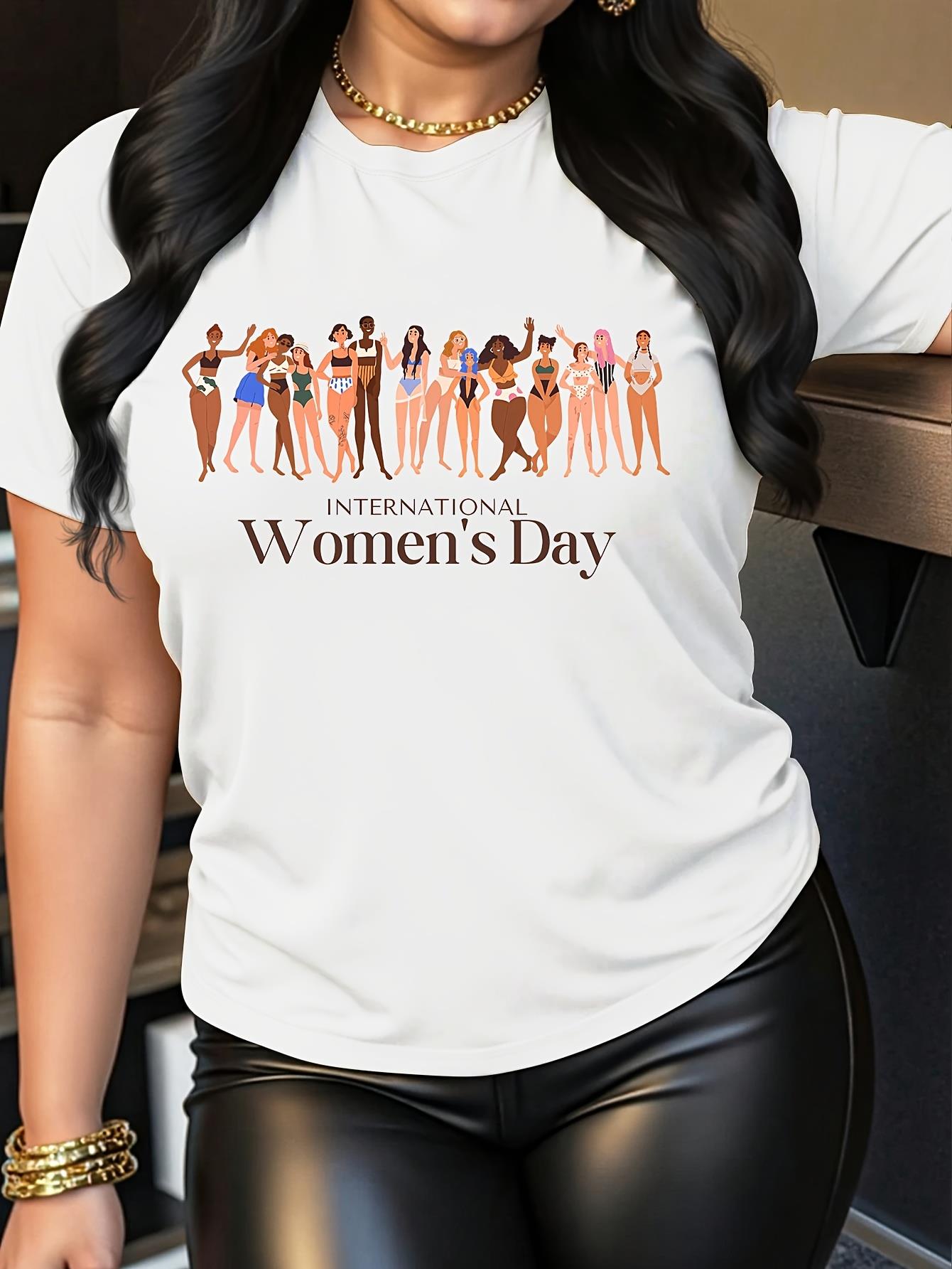 thumbnail image 1 of Women'S Day Inspirational Women Print T-Shirt - Casual Crew Neck Short Sleeve Tee, Polyester Knit Fabric, Medium Stretch, 180g/m² - Fashionable Activewear for Spring/Summer/Fall, 1 of 7