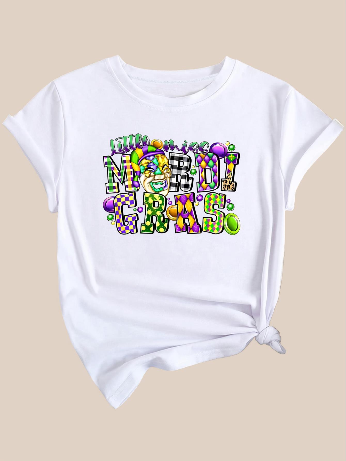 thumbnail image 2 of Casual Stylish Top for Black Women Featuring a Clown Mask Design with Various Shaped Letters, Round Neck, And Short Sleeves., 2 of 7