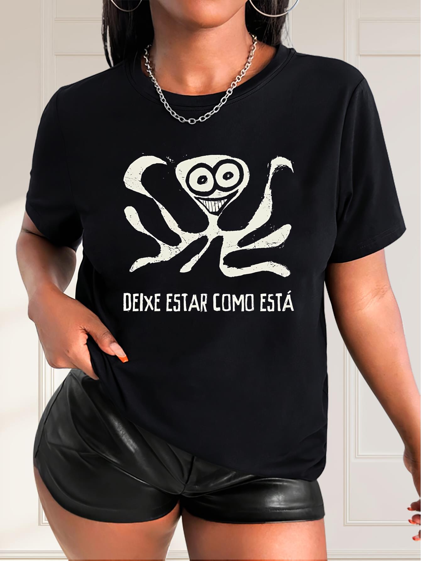 thumbnail image 1 of [1pc Octopus Graphic Print T-Shirt] 1pc Women'S Casual Octopus Graphic Print T-Shirt, Round Neck Short Sleeve Polyester Knit Tee, Breathable 180g/m² Fabric, Spring/Summer/Autumn Fashion Top, 1 of 7