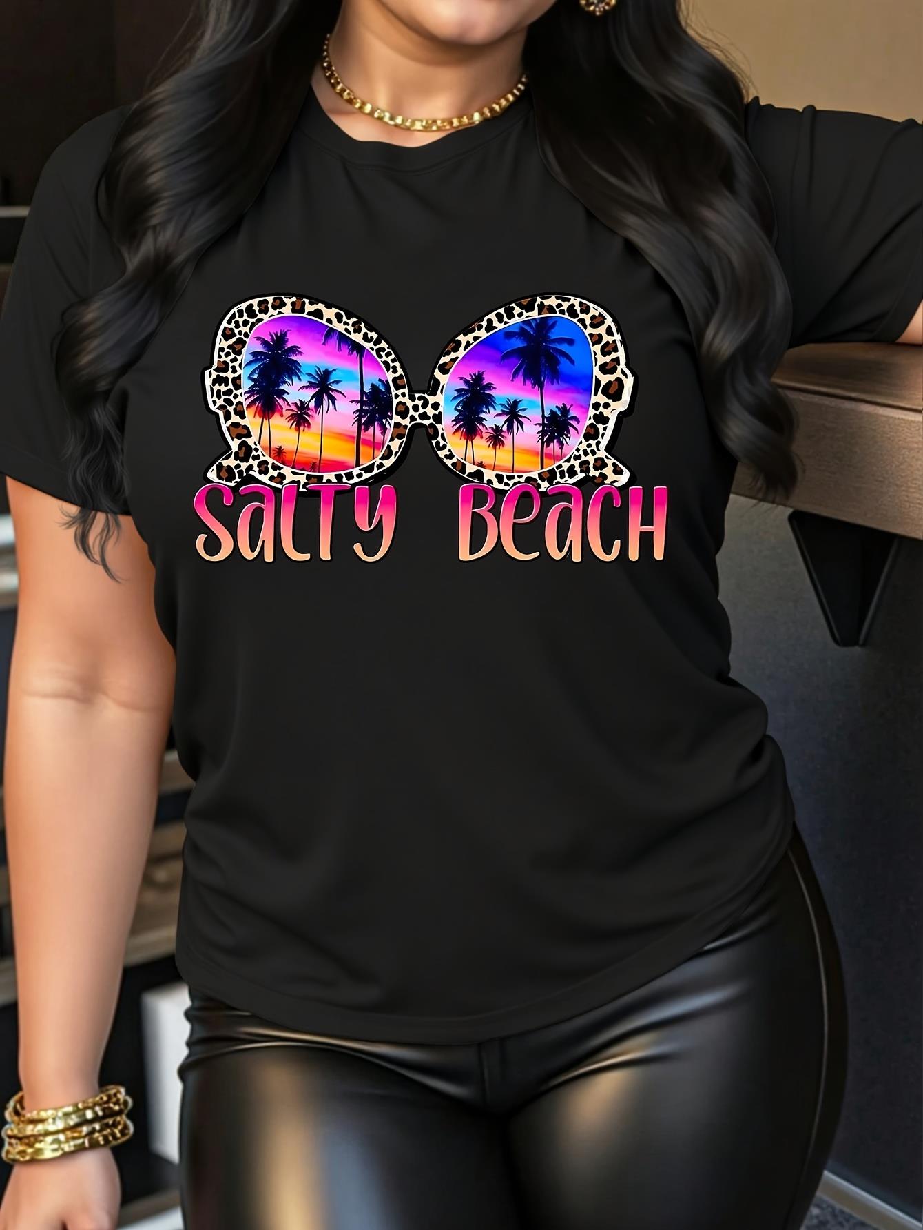 thumbnail image 1 of Stylish Casual Top with a Round Neck And Short Sleeves Featuring a Beautiful Beach Letter Print for Black Women., 1 of 7