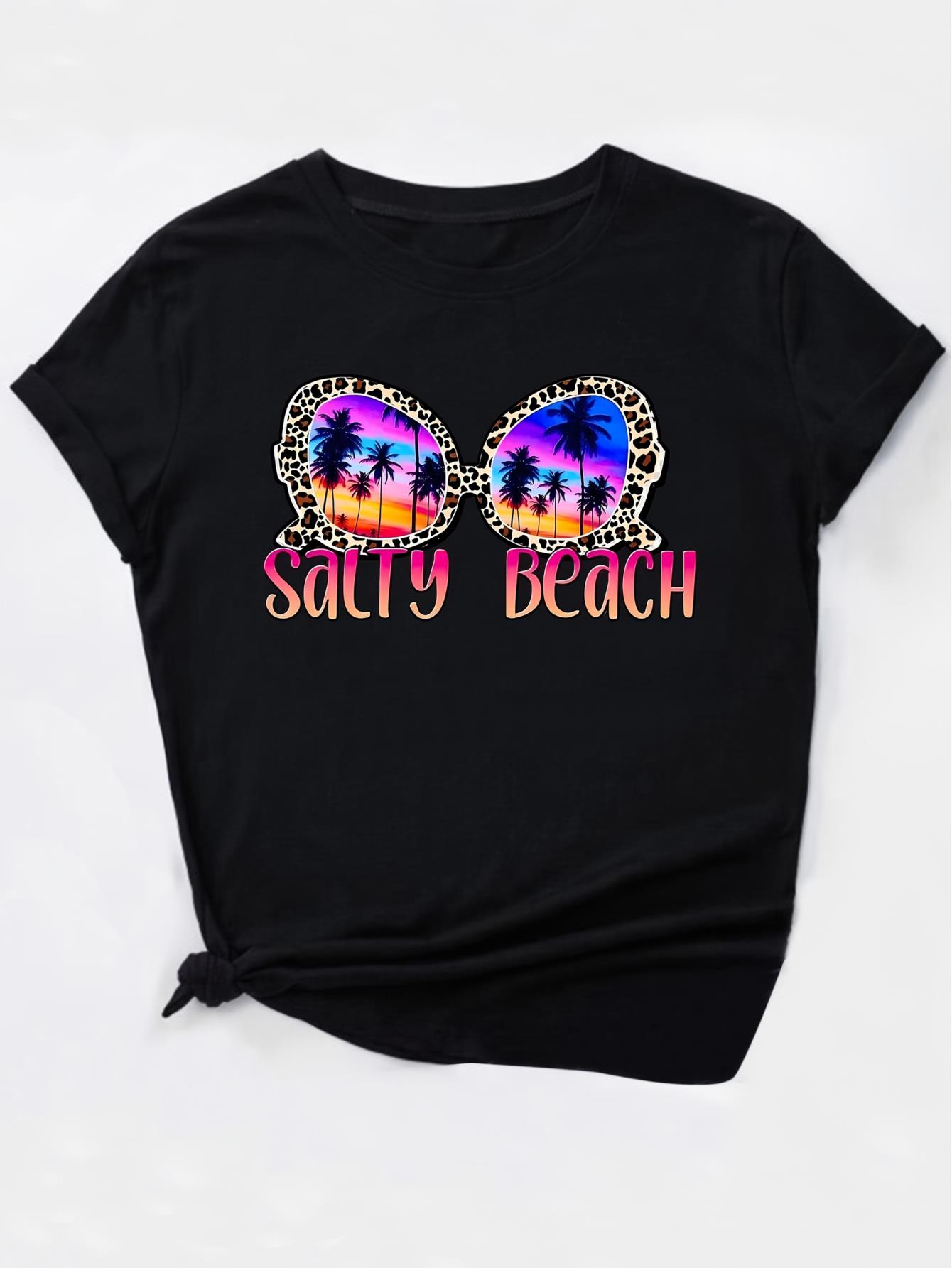 thumbnail image 3 of Stylish Casual Top with a Round Neck And Short Sleeves Featuring a Beautiful Beach Letter Print for Black Women., 3 of 7