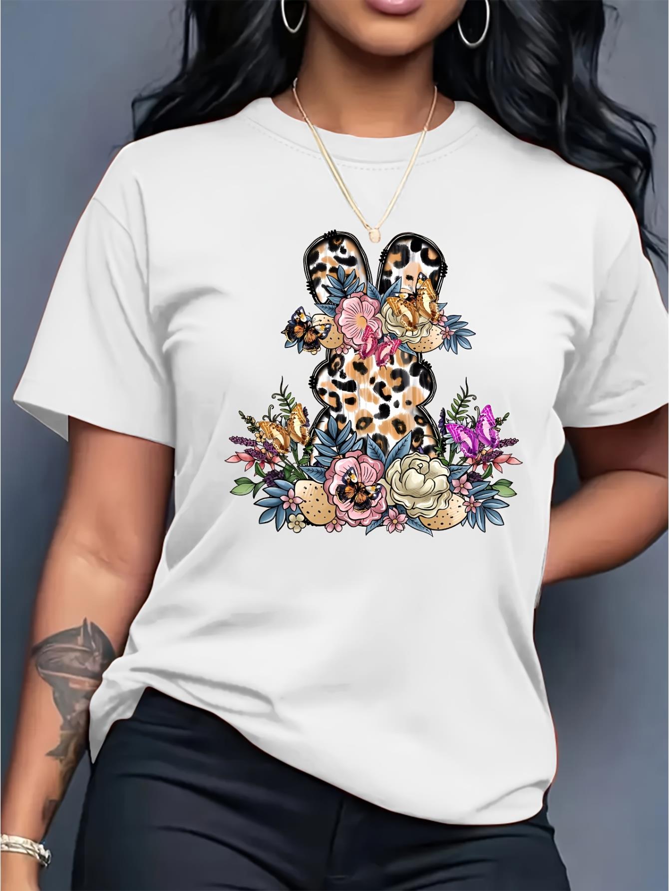 thumbnail image 1 of Women'S Easter Leopard Print Bunny & Floral Graphic Tee, Casual Crew Neck Short Sleeve T-Shirt, Polyester Knit Fabric, Medium Stretch, Spring/Summer/Fall Fashion Top, 180g/m², 1 of 7