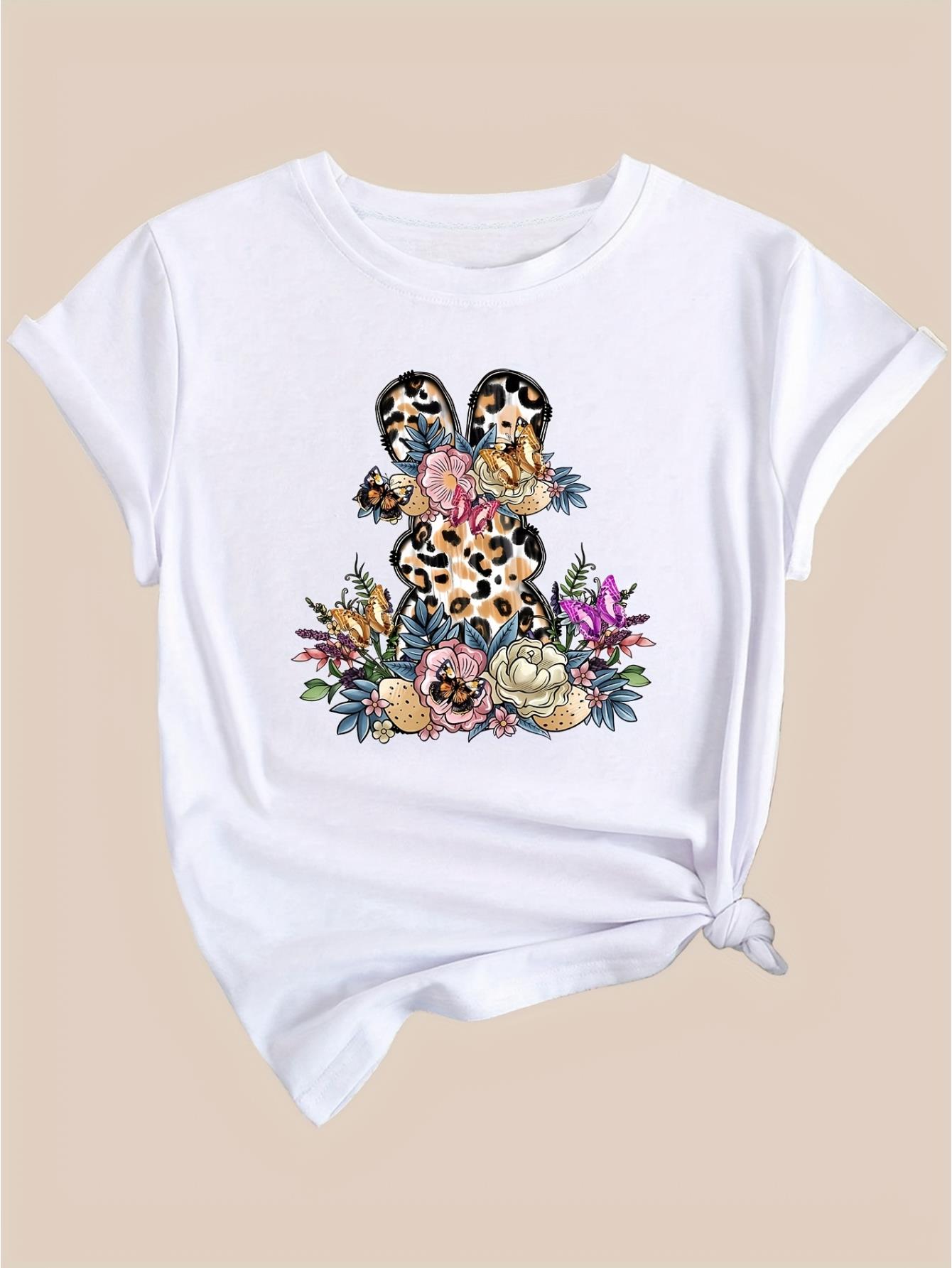 thumbnail image 2 of Women'S Easter Leopard Print Bunny & Floral Graphic Tee, Casual Crew Neck Short Sleeve T-Shirt, Polyester Knit Fabric, Medium Stretch, Spring/Summer/Fall Fashion Top, 180g/m², 2 of 7
