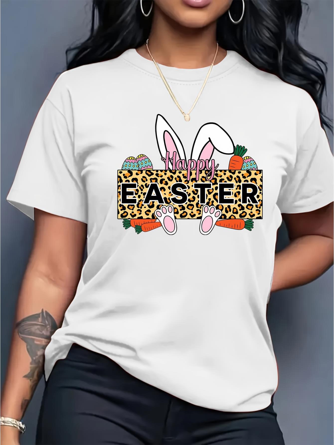 thumbnail image 1 of Happy Easter with a Bunny And Carrot Print on a Stylish Casual Round-Neck Short-Sleeve T-Shirt for Black Women., 1 of 8