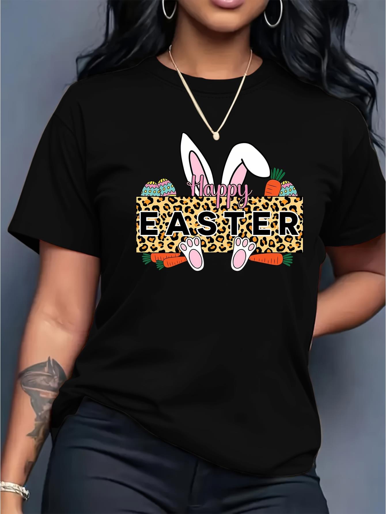 thumbnail image 2 of Happy Easter with a Bunny And Carrot Print on a Stylish Casual Round-Neck Short-Sleeve T-Shirt for Black Women., 2 of 8