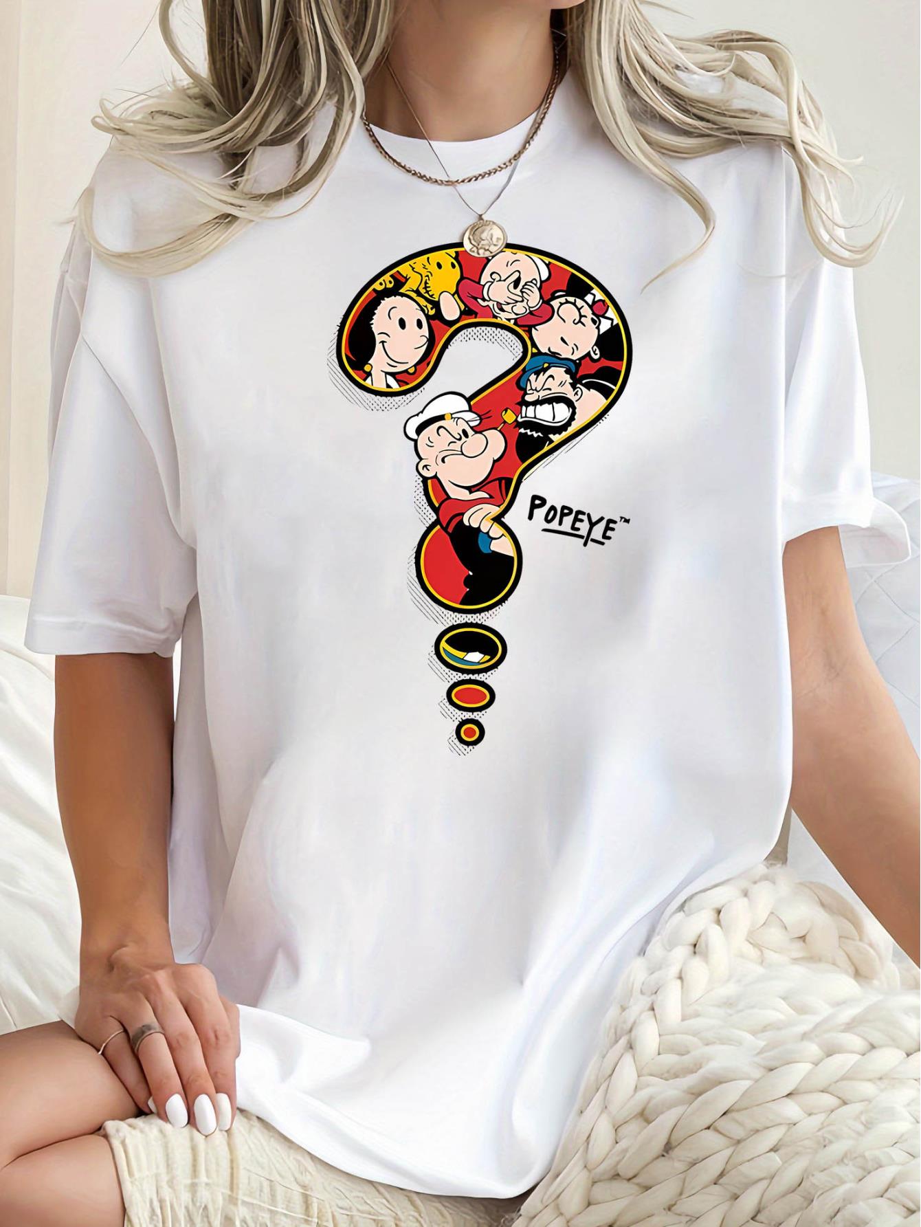 thumbnail image 1 of [1pc Popeye Graphic Print T-Shirt] Popeye-Inspired Graphic Print T-Shirt for Women, Casual Crew Neck Short Sleeve Tee, Polyester Knit Fabric with Medium Stretch, Geometric Pattern, Comfortable for Al, 1 of 8