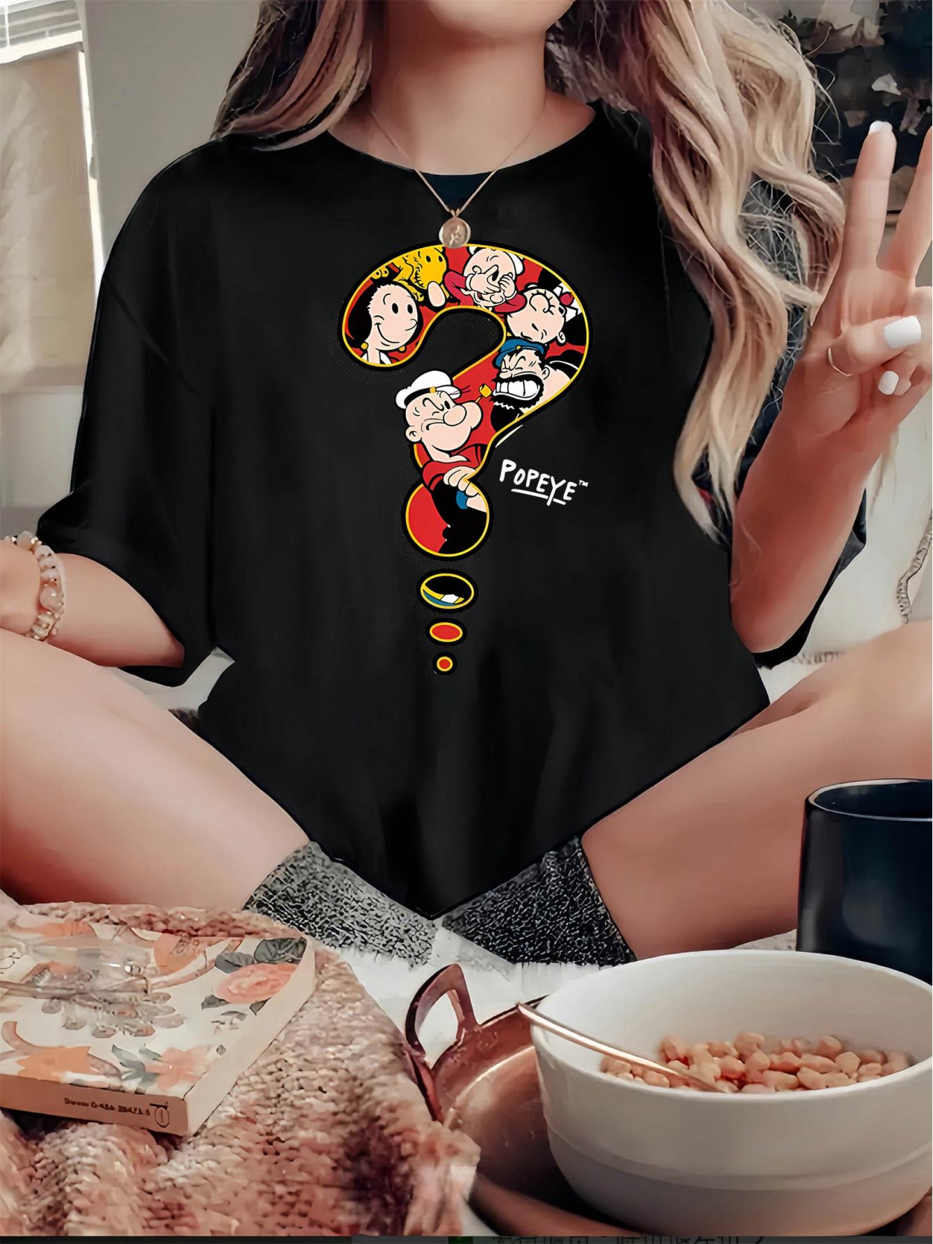 thumbnail image 2 of [1pc Popeye Graphic Print T-Shirt] Popeye-Inspired Graphic Print T-Shirt for Women, Casual Crew Neck Short Sleeve Tee, Polyester Knit Fabric with Medium Stretch, Geometric Pattern, Comfortable for Al, 2 of 8