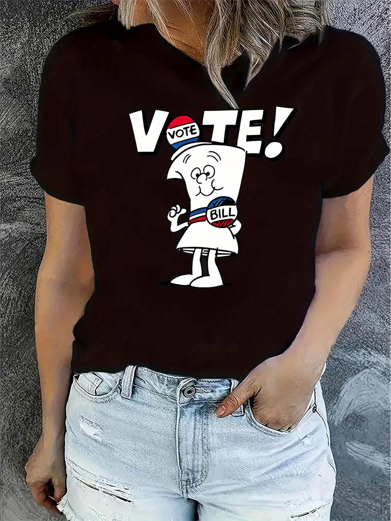 thumbnail image 1 of Women's VOTE! Graphic Tee - Fun Toothpaste & American Flag Design, Casual Round Neck Short Sleeve T-Shirt, Comfortable Polyester Blend, Perfect for Summer, Ladies T-Shirts, 1 of 8
