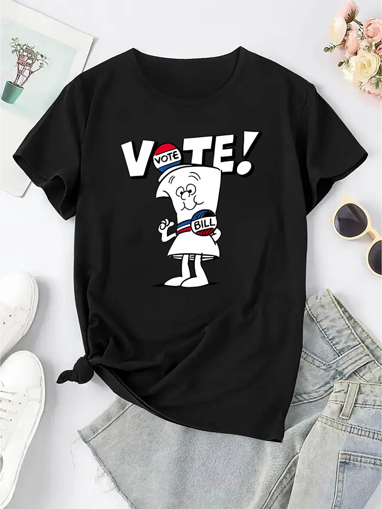 thumbnail image 3 of Women's VOTE! Graphic Tee - Fun Toothpaste & American Flag Design, Casual Round Neck Short Sleeve T-Shirt, Comfortable Polyester Blend, Perfect for Summer, Ladies T-Shirts, 3 of 8