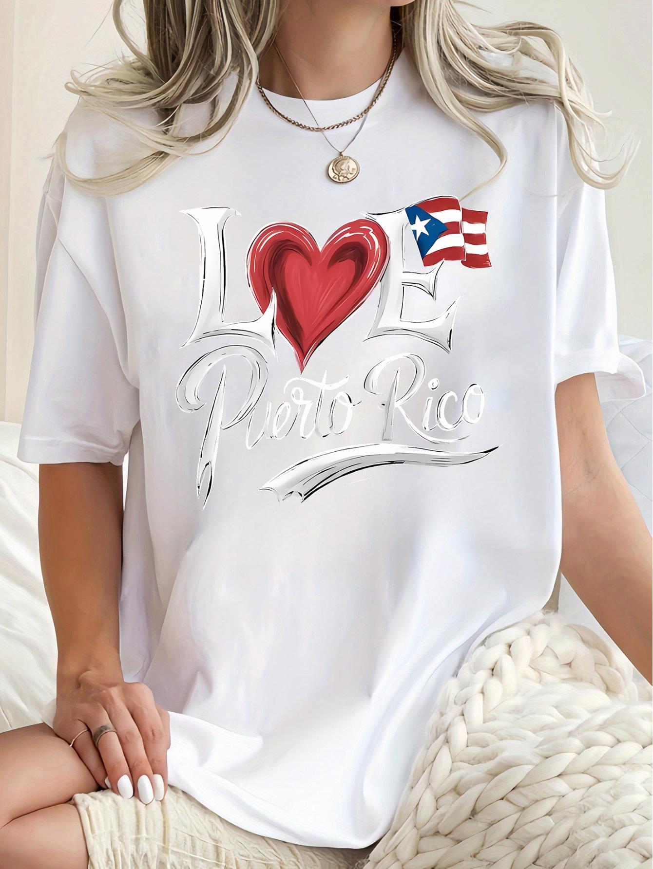 thumbnail image 2 of Women's "I Love Puerto Rico" Patriotic T-Shirt - Casual Round Neck, Short Sleeve, Comfortable Summer Top, White with Red Heart and Blue Flag Design, Leisure Wear|Graphic Tee|Printed Tshirt, Puerto Ri, 2 of 8