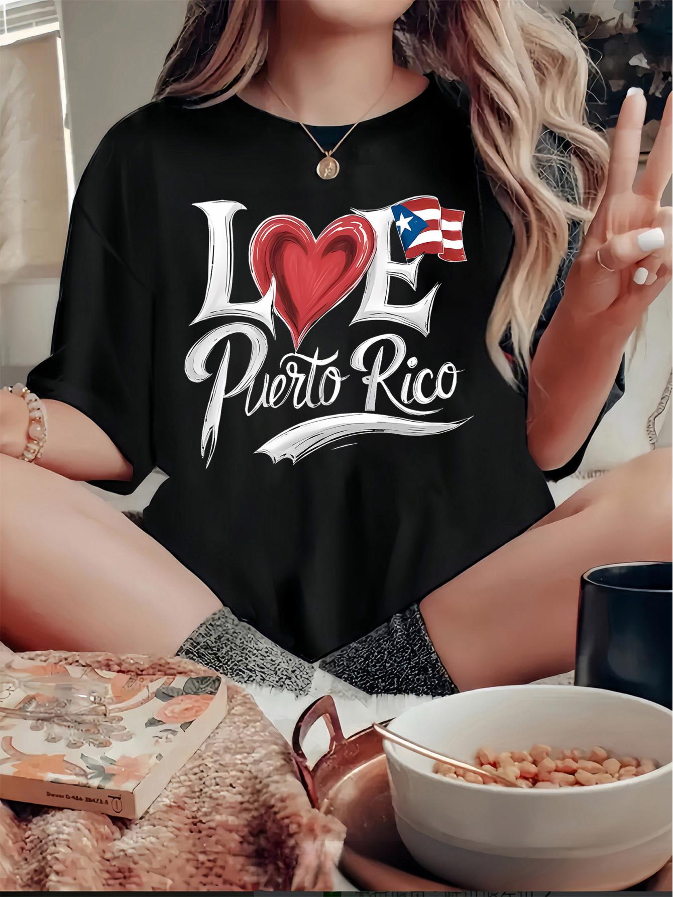 Women's "I Love Puerto Rico" Patriotic T-Shirt - Casual Round Neck, Short Sleeve, Comfortable Summer Top, White with Red Heart and Blue Flag Design, Leisure Wear|Graphic Tee|Printed Tshirt, Puerto Ri