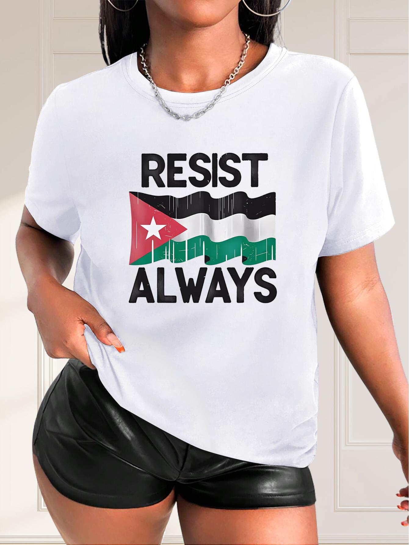 thumbnail image 1 of Women's Casual Crew Neck T-Shirt, Short Sleeve With Flag & Letter Print, Fashion Sports Style, Relaxed Fit, 1 of 7