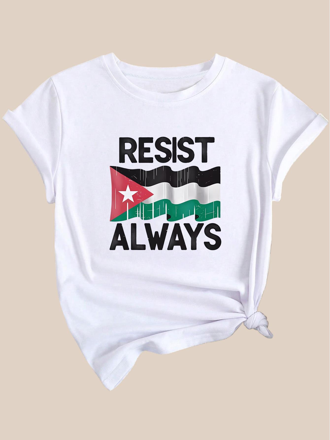 thumbnail image 4 of Women's Casual Crew Neck T-Shirt, Short Sleeve With Flag & Letter Print, Fashion Sports Style, Relaxed Fit, 4 of 7