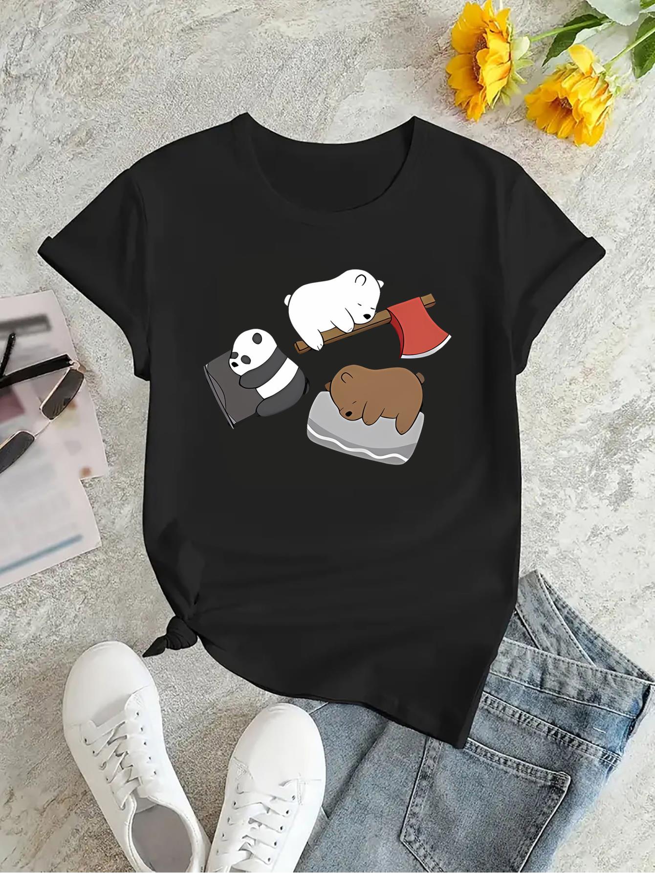 thumbnail image 4 of Chic Women's Casual T-Shirt with Cute Bear & Panda Print - Comfy Polyester Blend, Round Neck, Short Sleeve - Perfect for Summer, 4 of 8