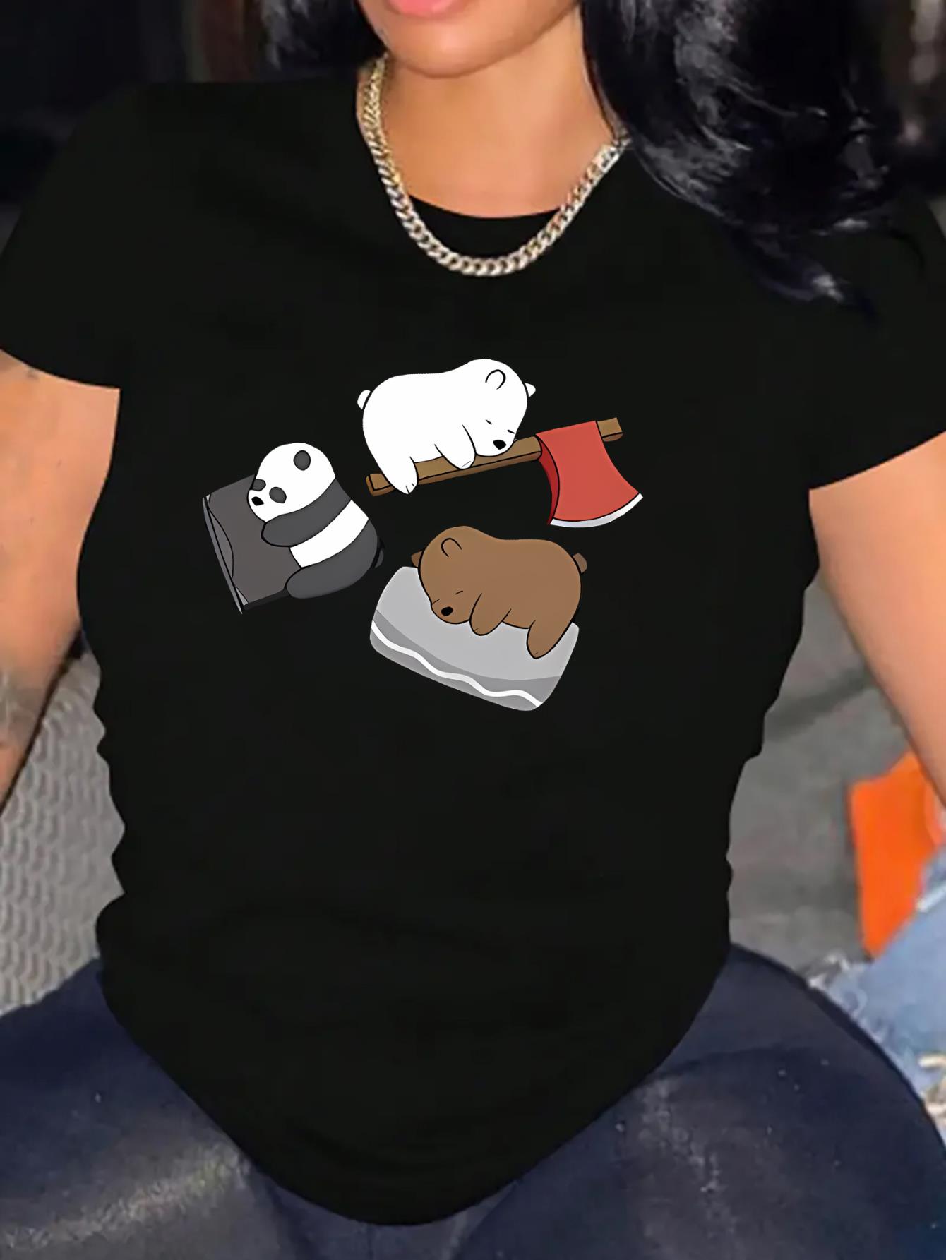 thumbnail image 1 of Chic Women's Casual T-Shirt with Cute Bear & Panda Print - Comfy Polyester Blend, Round Neck, Short Sleeve - Perfect for Summer, 1 of 8