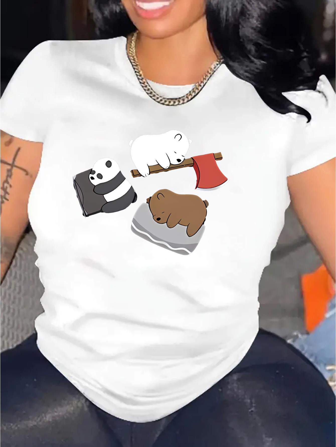 thumbnail image 2 of Chic Women's Casual T-Shirt with Cute Bear & Panda Print - Comfy Polyester Blend, Round Neck, Short Sleeve - Perfect for Summer, 2 of 8