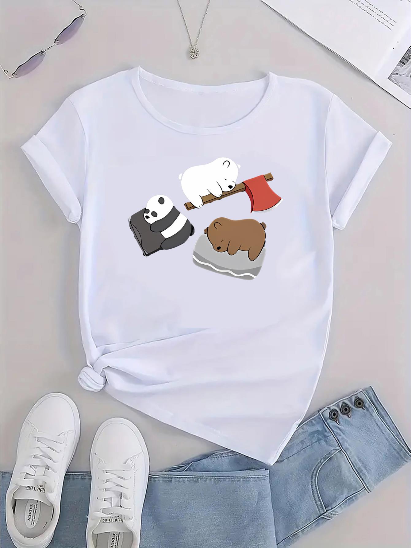 thumbnail image 3 of Chic Women's Casual T-Shirt with Cute Bear & Panda Print - Comfy Polyester Blend, Round Neck, Short Sleeve - Perfect for Summer, 3 of 8